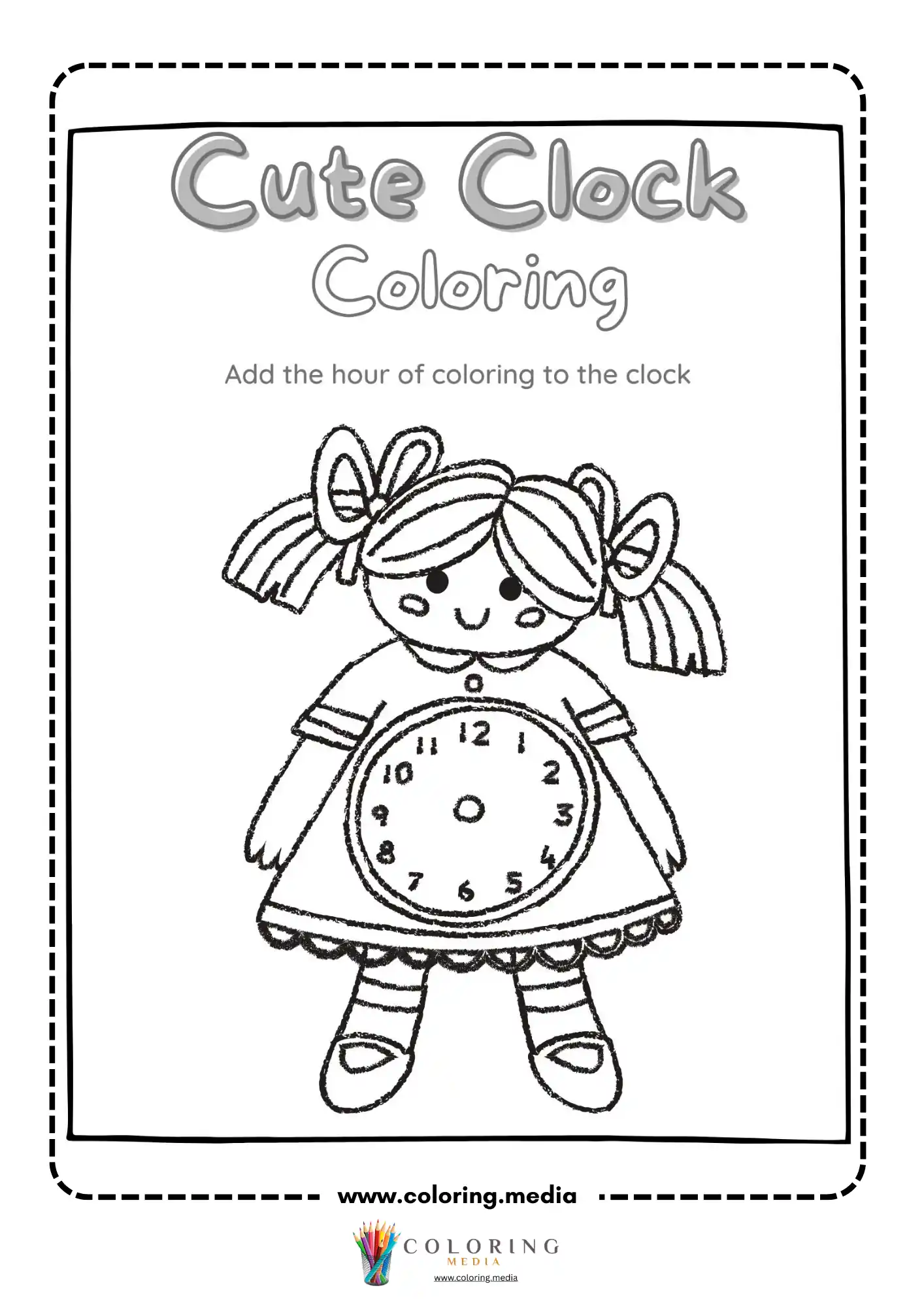 Doll holding clock coloring worksheet