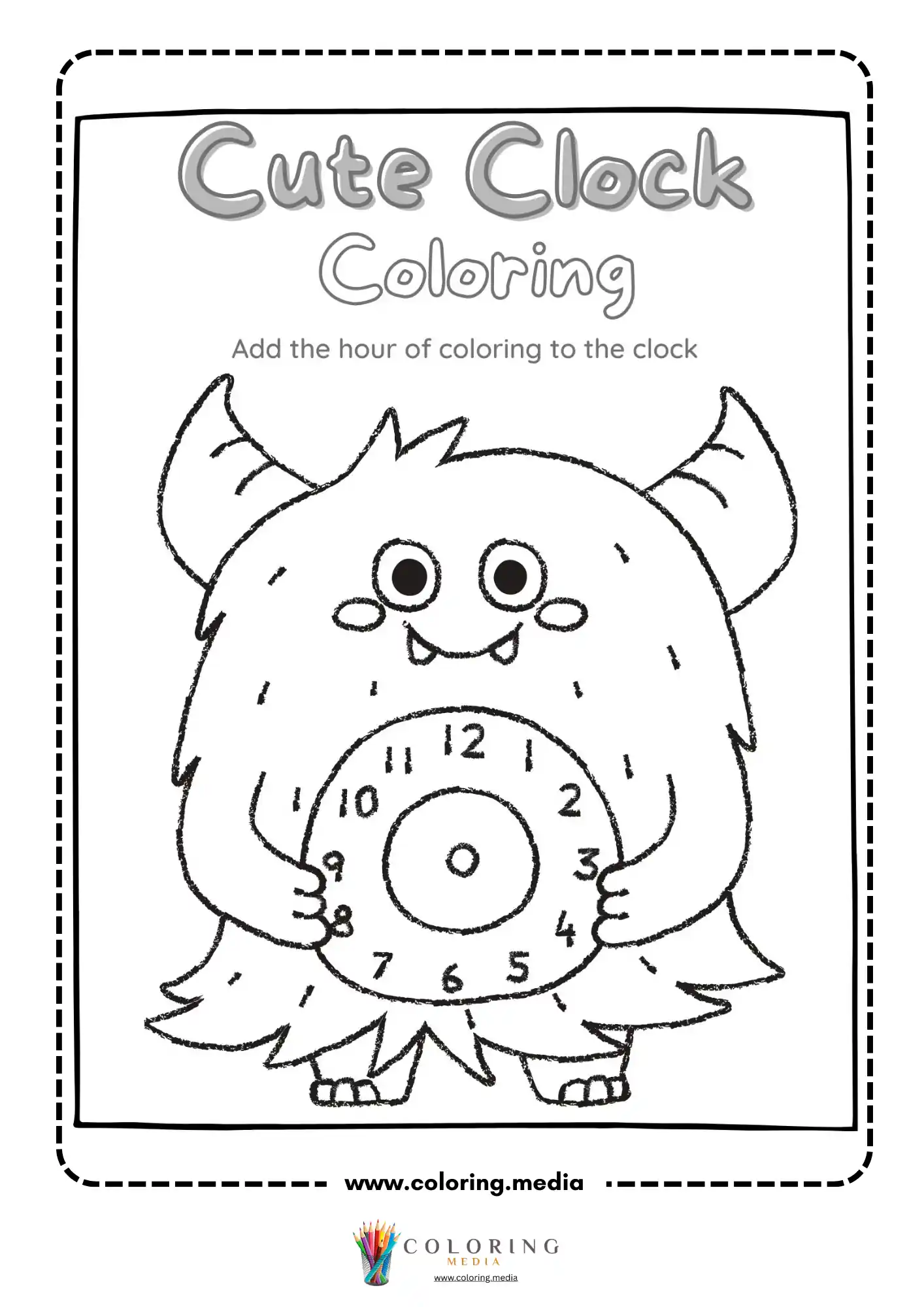 Monster holding clock coloring worksheet