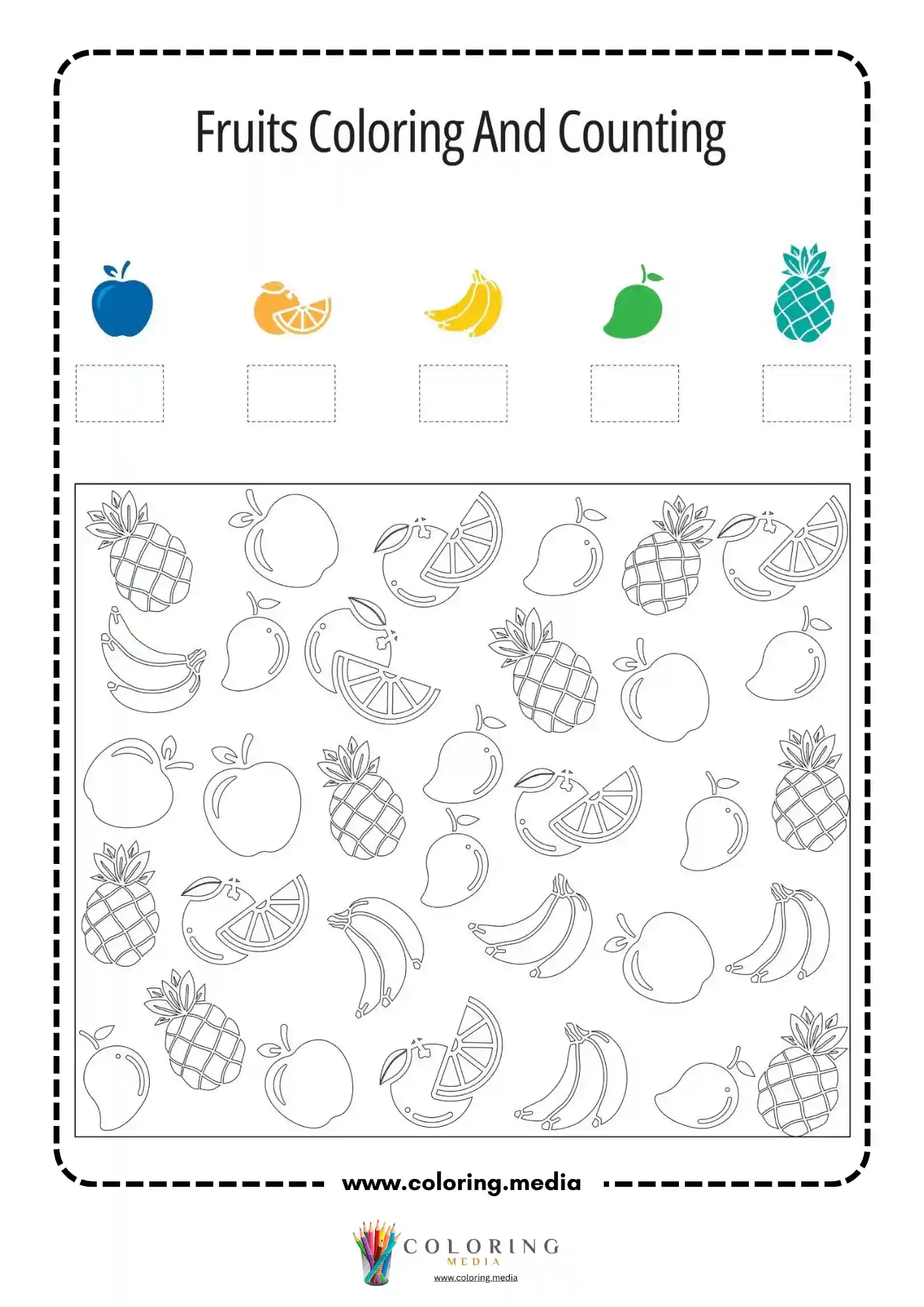 Fruits coloring and counting worksheet page 1