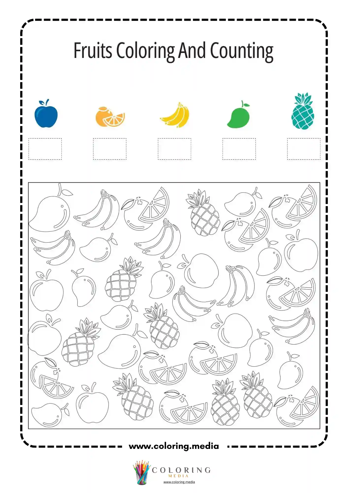 Fruits coloring and counting worksheet page 10