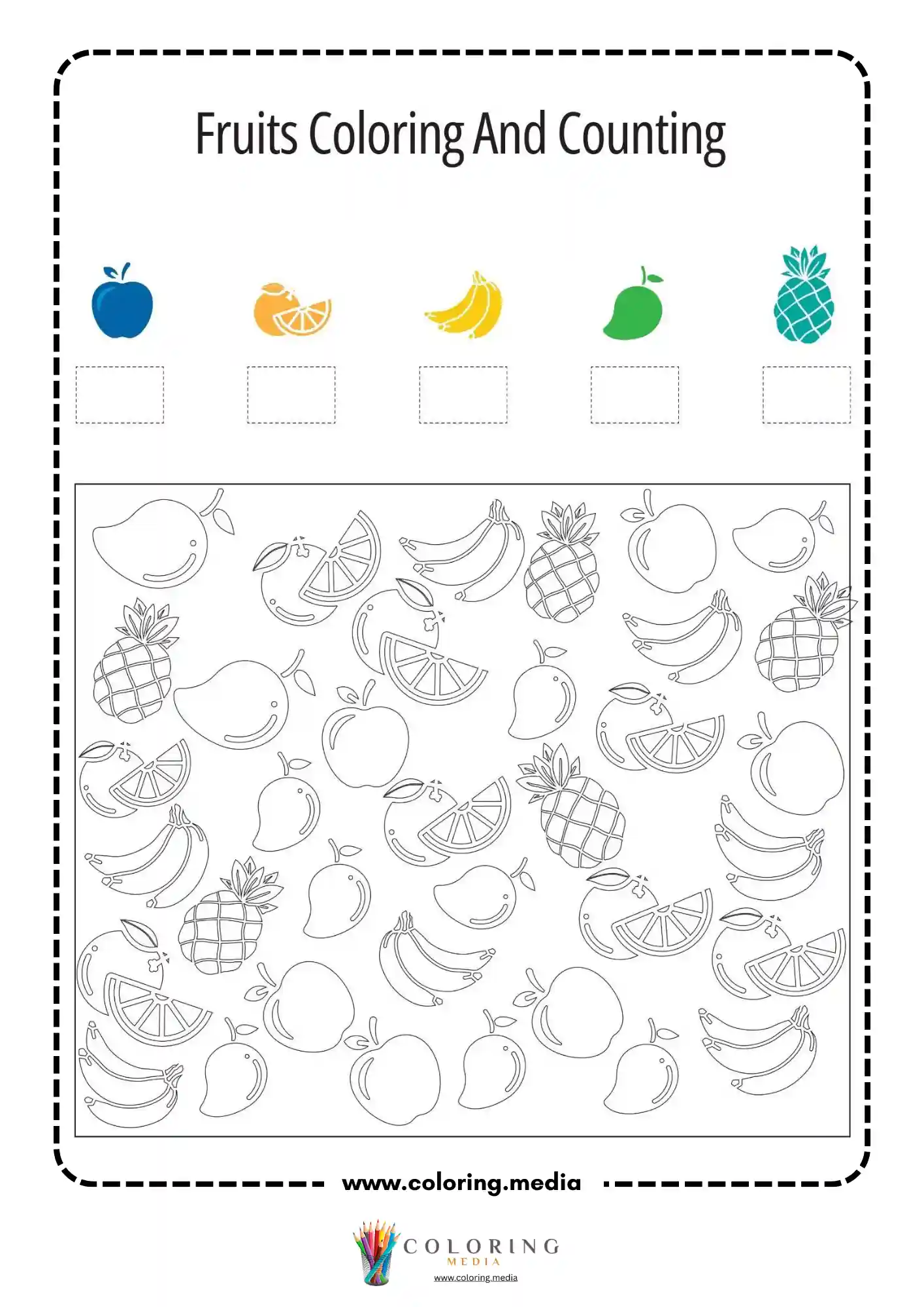 Fruits coloring and counting worksheet page 2