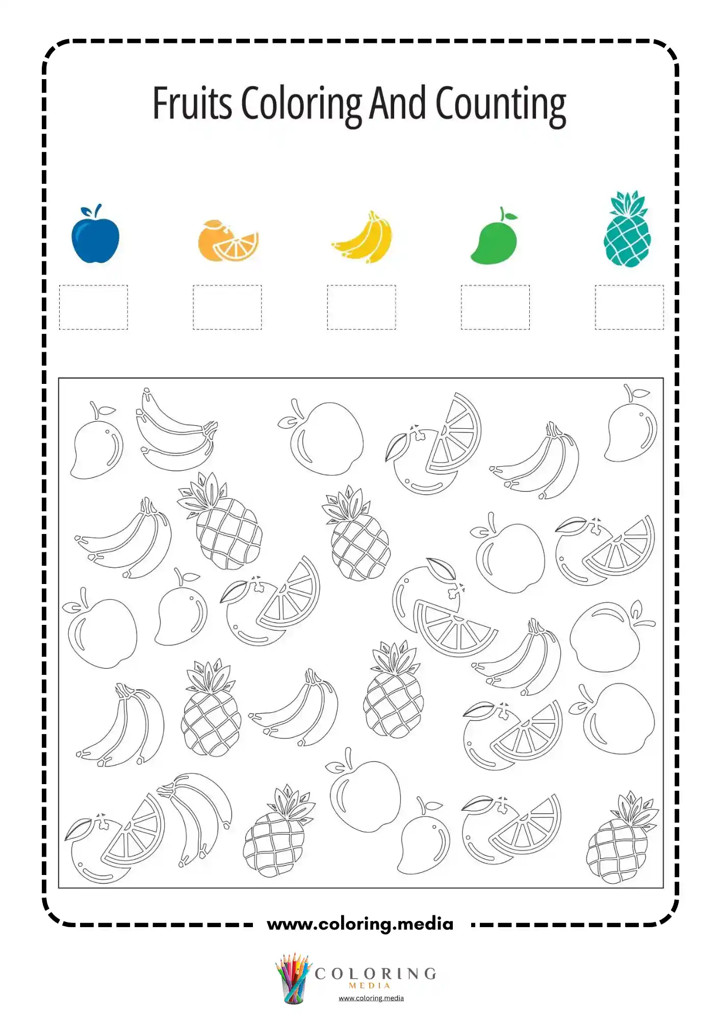 Fruits coloring and counting worksheet page 3