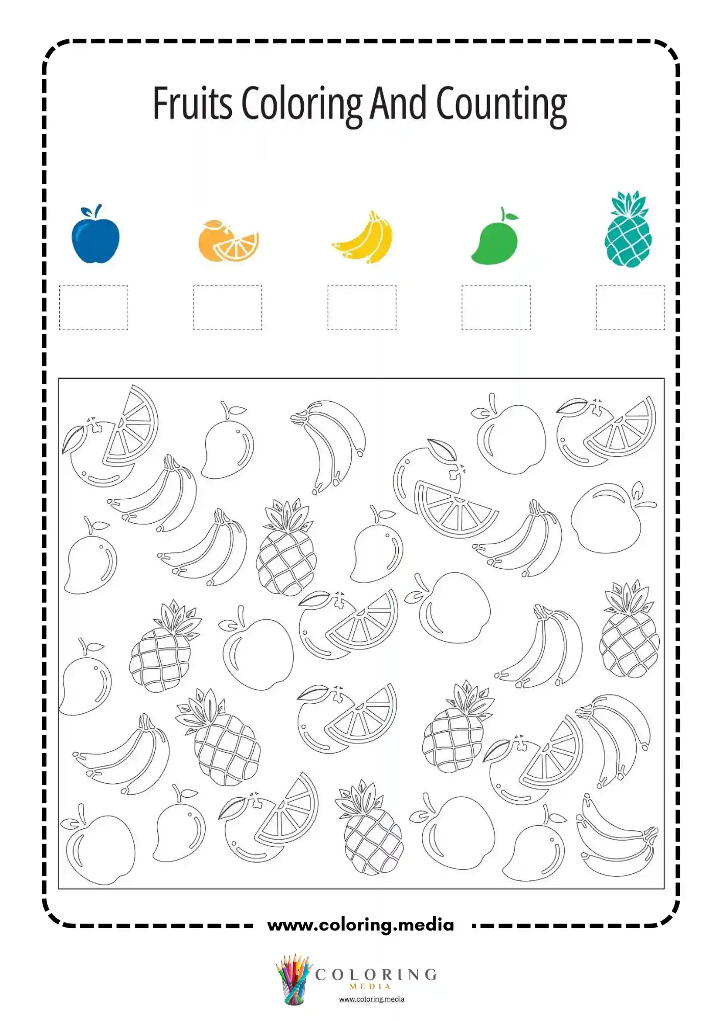 Fruits coloring and counting worksheet page 4