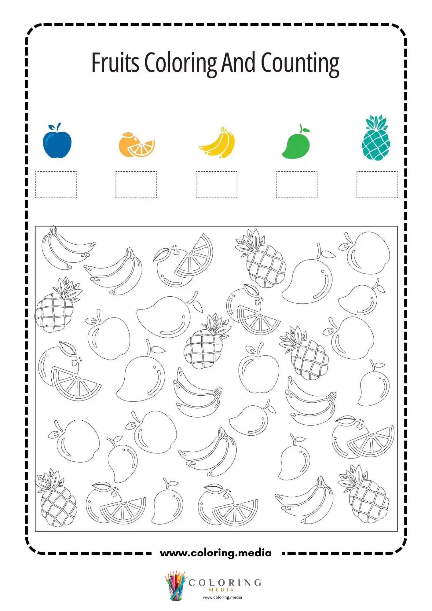 Fruits coloring and counting worksheet page 5
