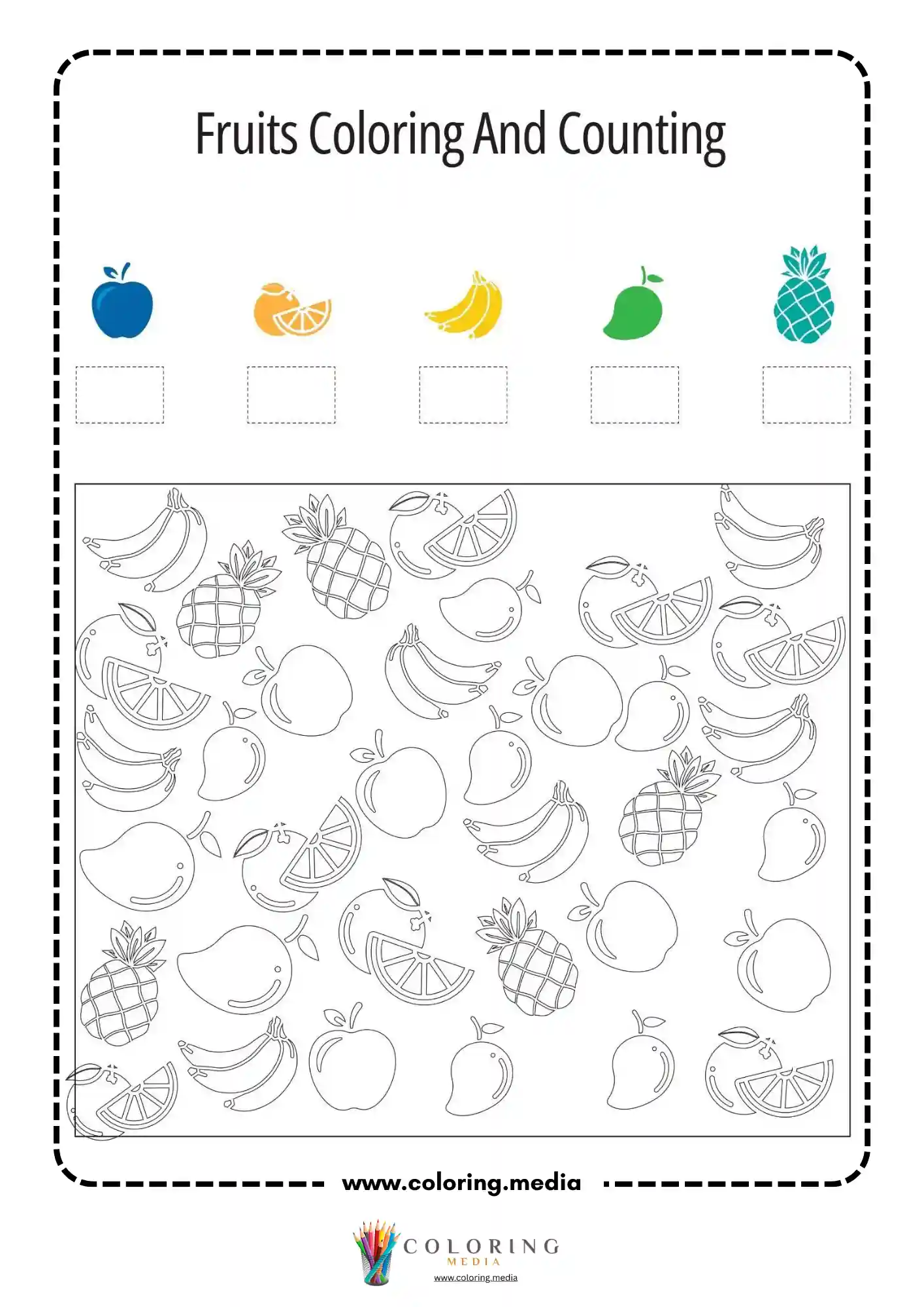 Fruits coloring and counting worksheet page 6