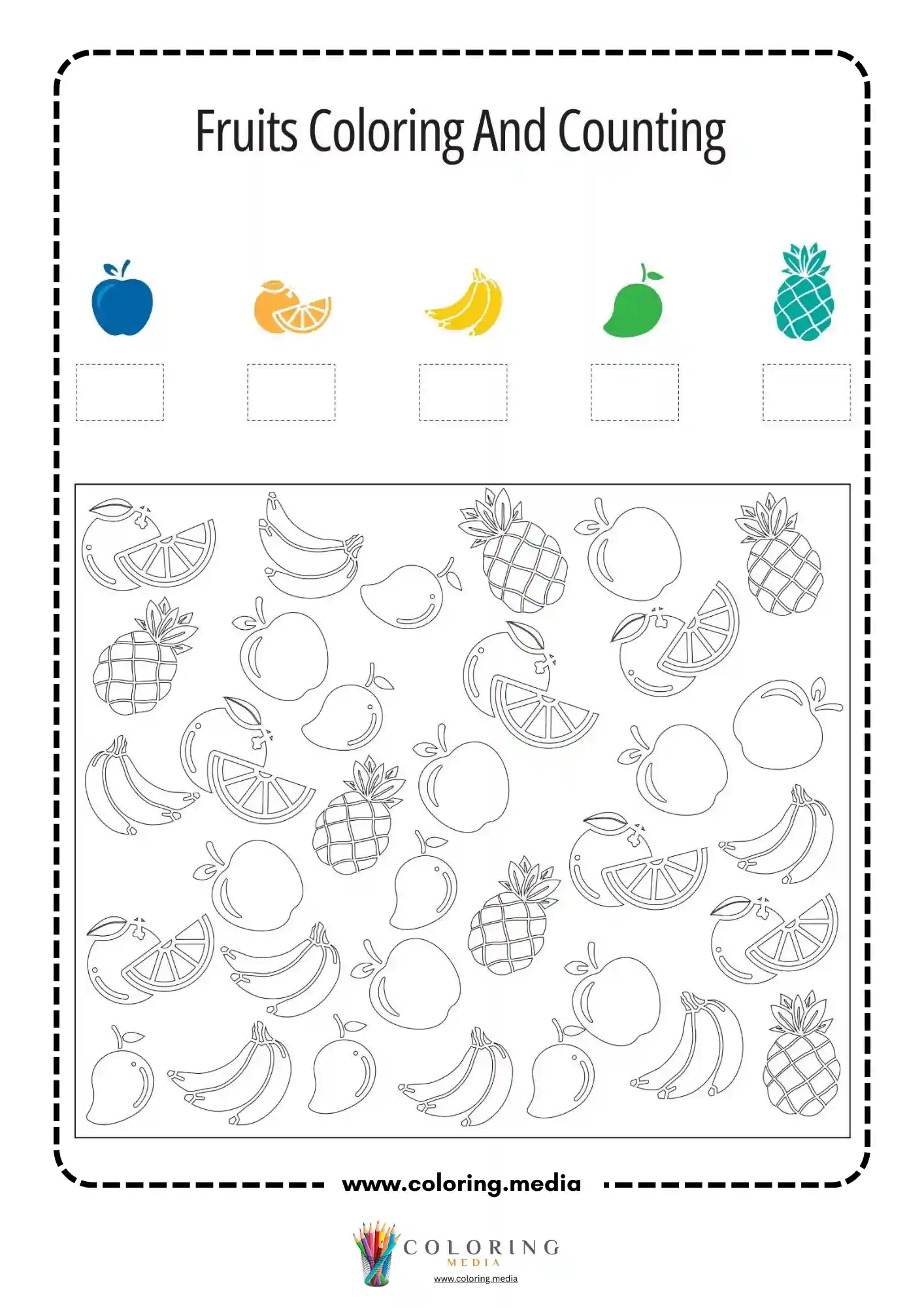 Fruits coloring and counting worksheet page 7