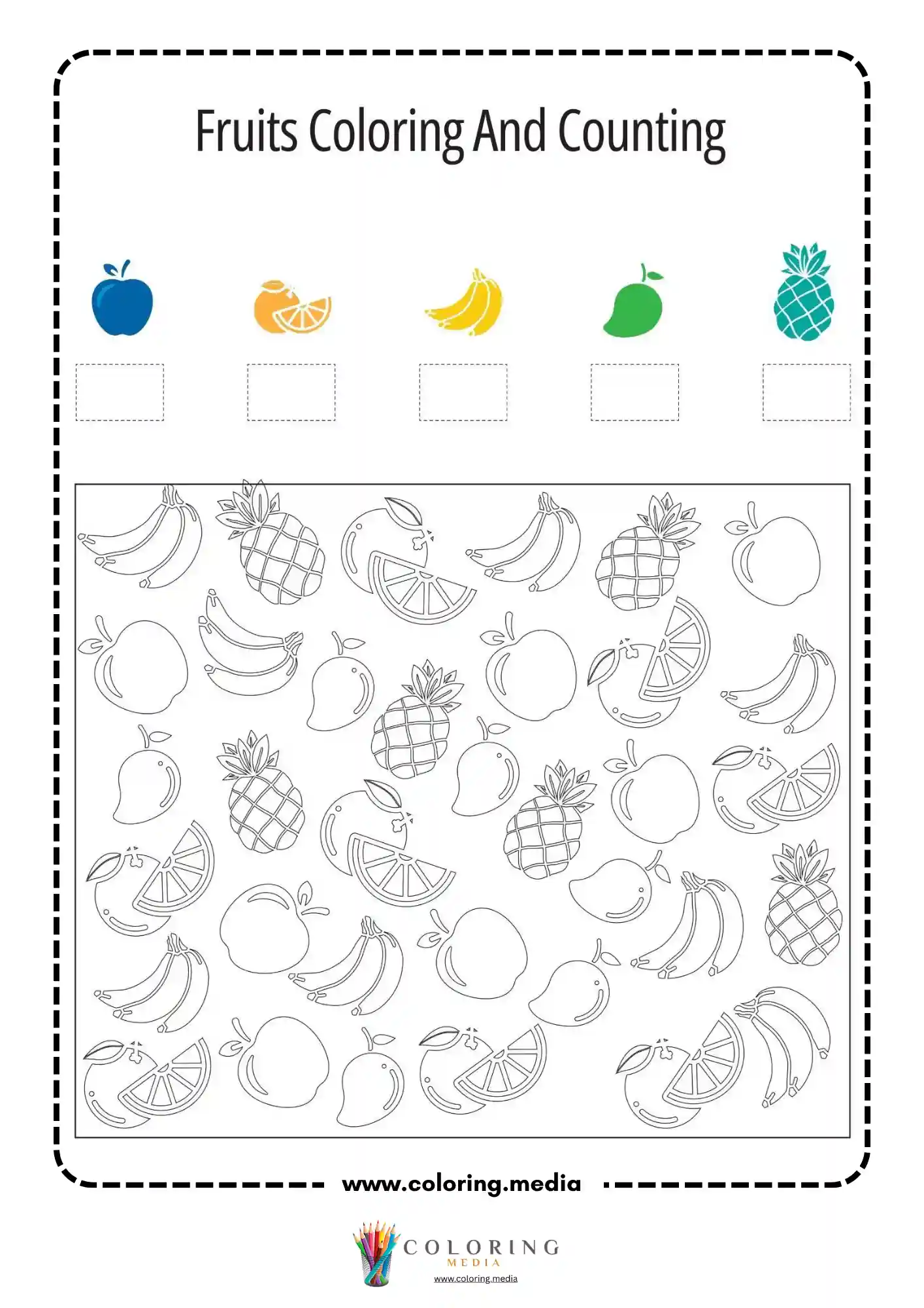 Fruits coloring and counting worksheet page 9