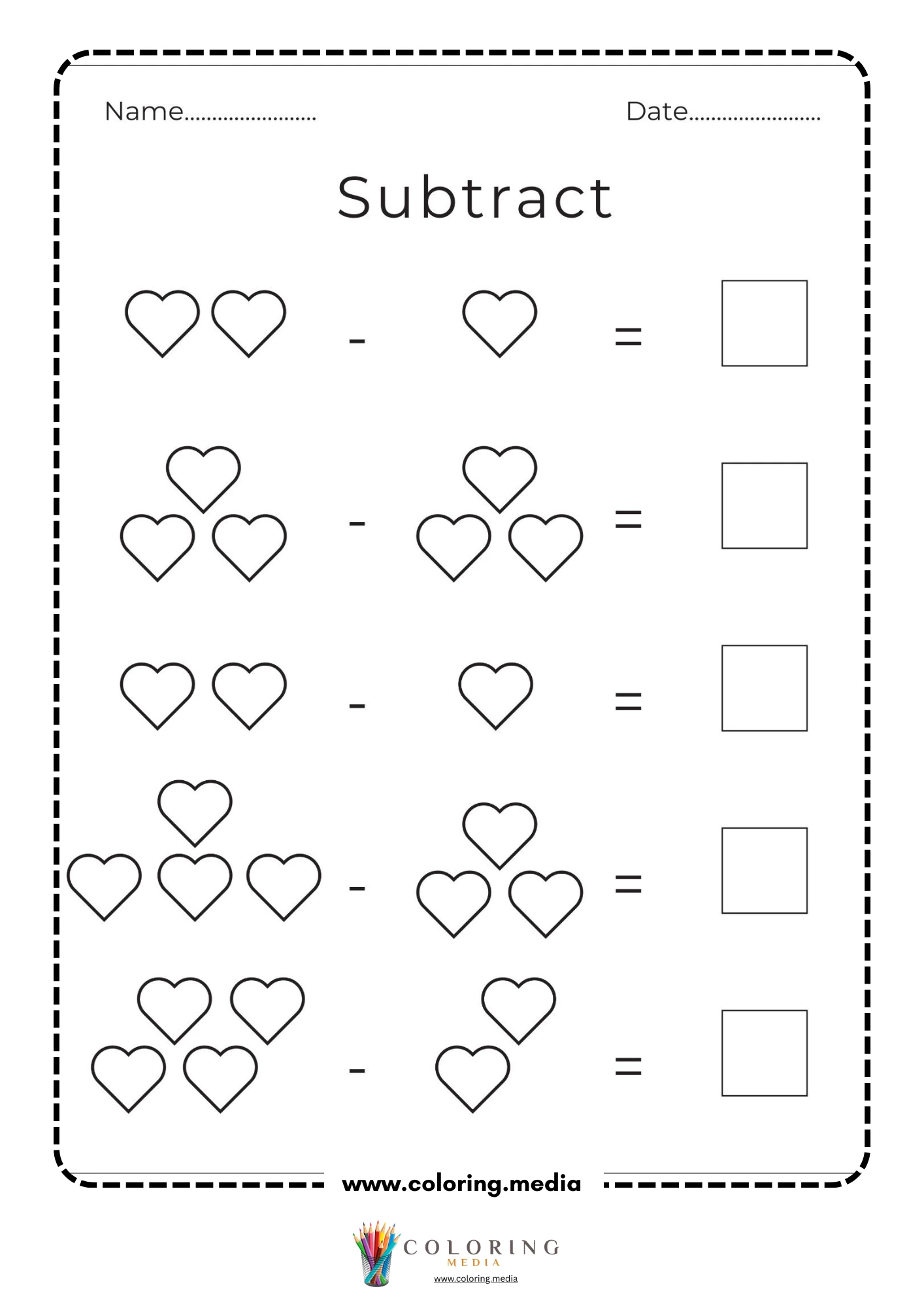 Heart subtraction math activity worksheet