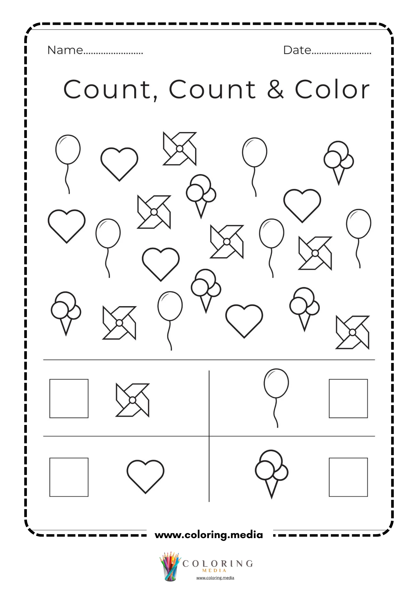 Count count and color mixed objects worksheet page 2