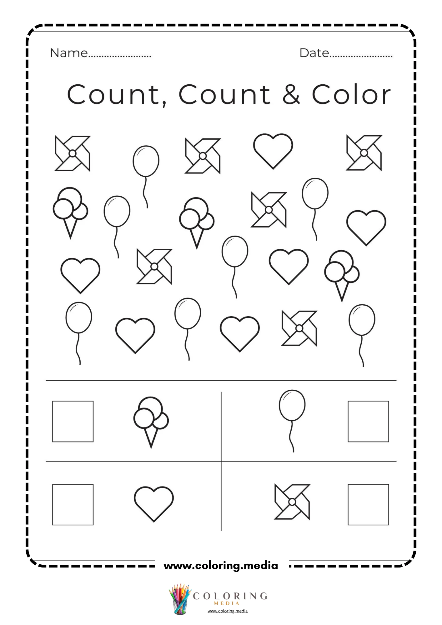Count write and color pinwheel worksheet