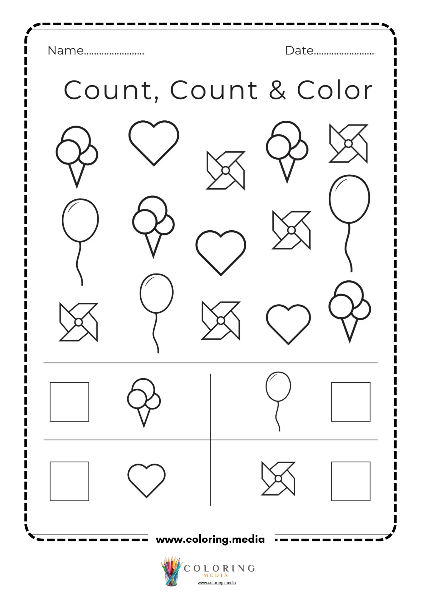 Count write and color heart worksheet