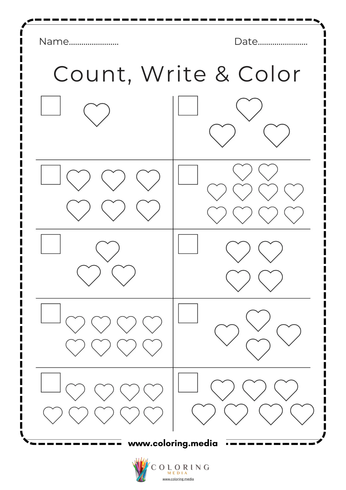 Count write and color mixed objects worksheet