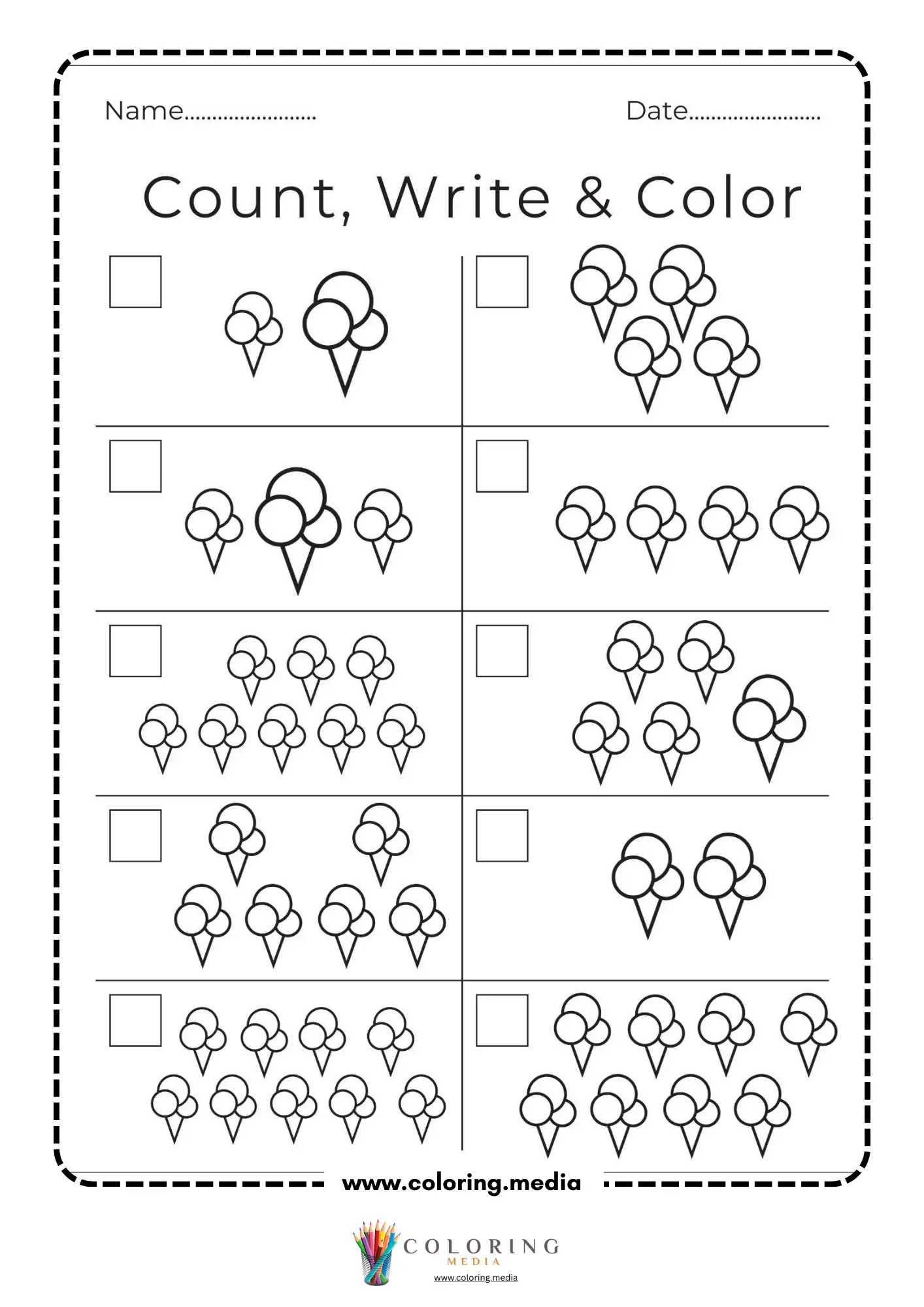 Count write and color ice cream worksheet page 2
