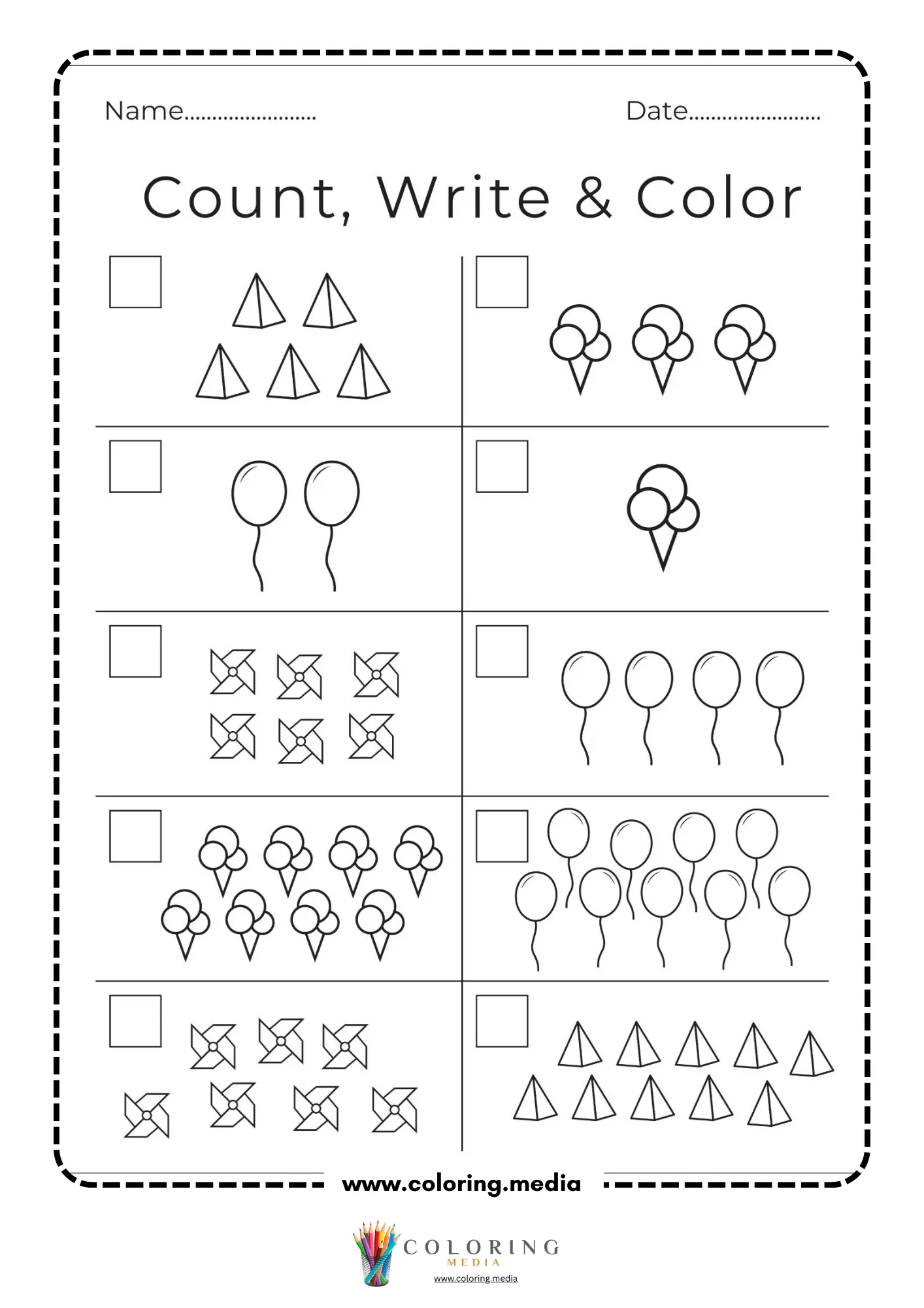 Count write and color mixed shapes worksheet