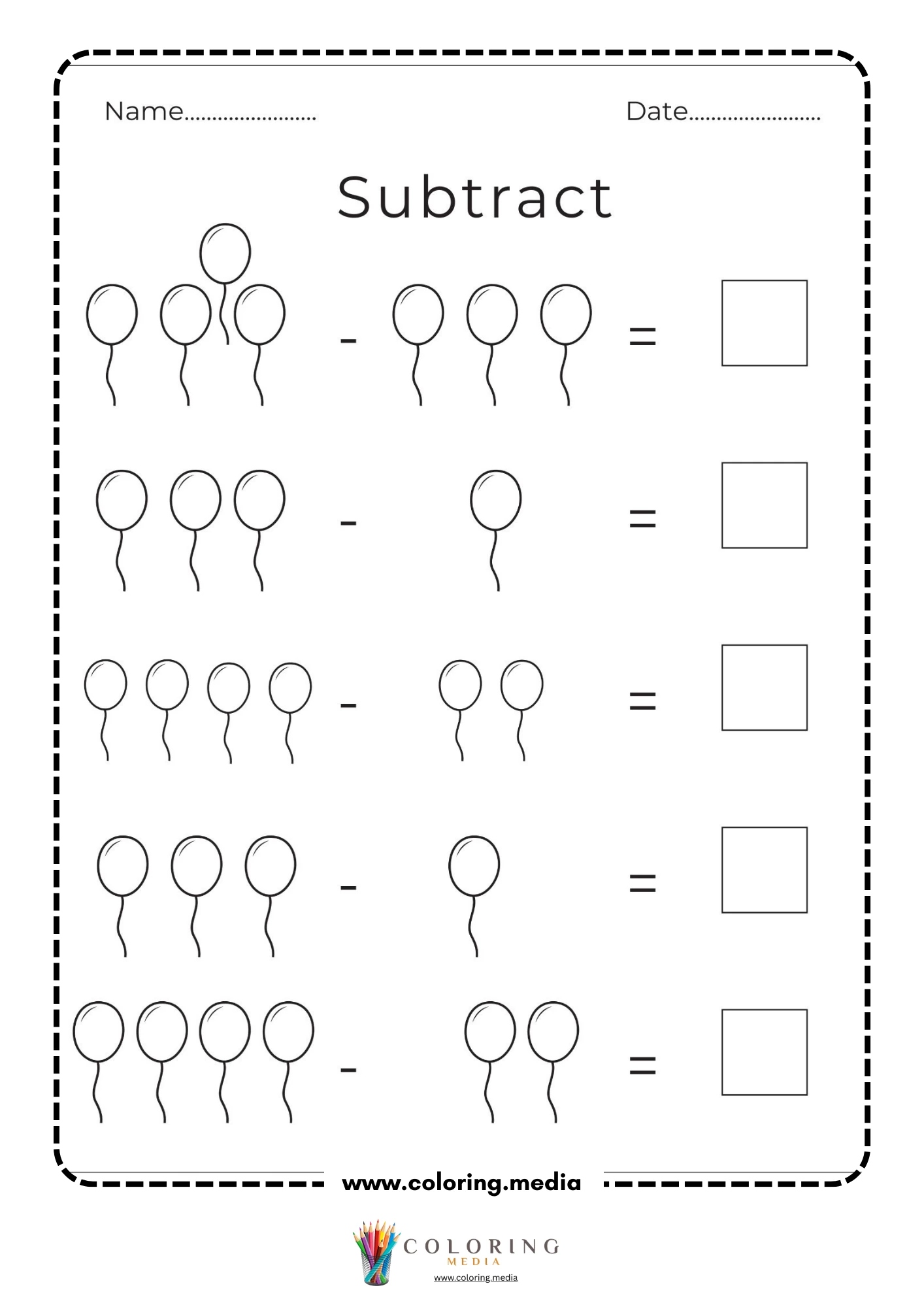 Balloon subtraction math activity worksheet