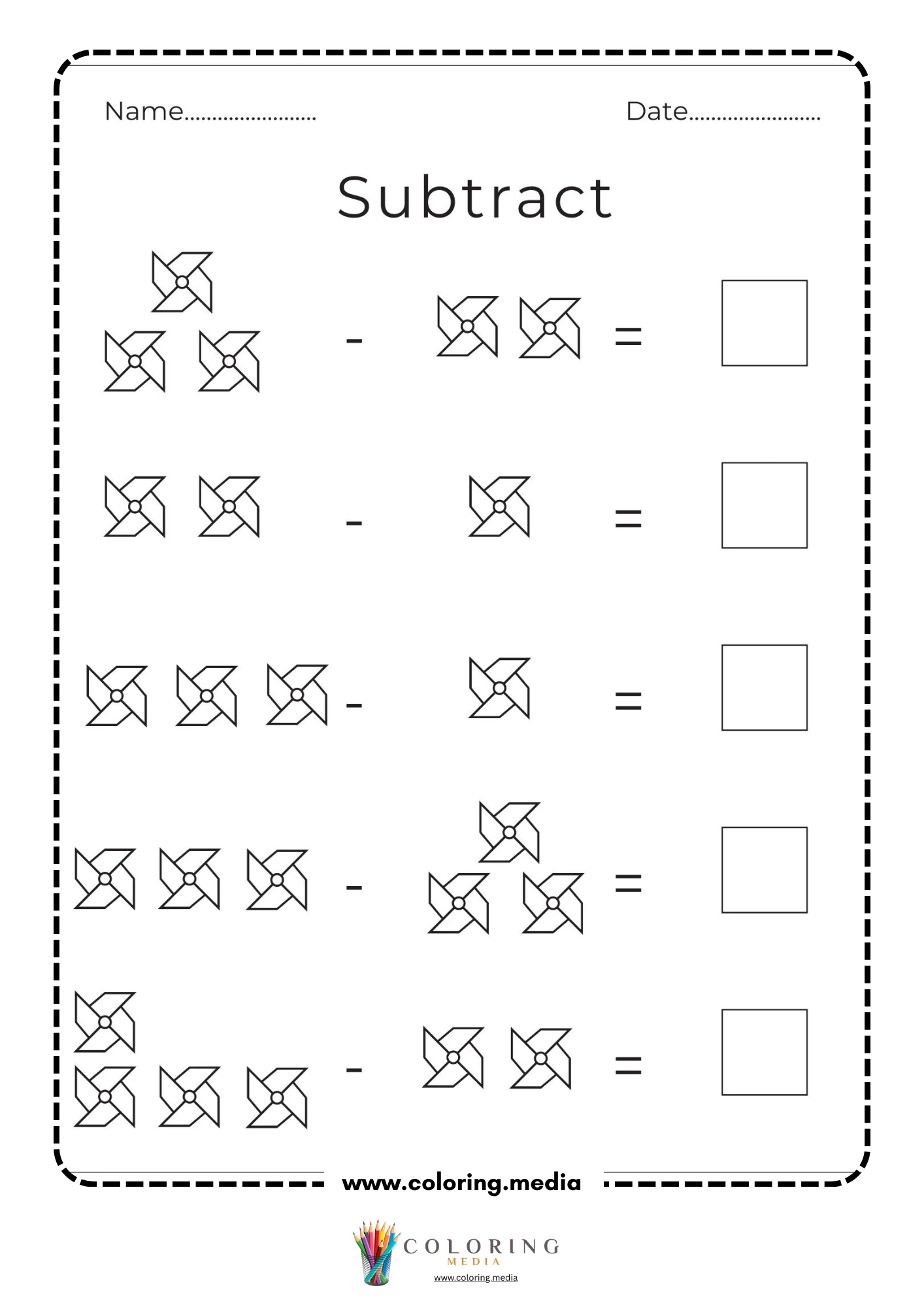 Pinwheel subtraction math activity worksheet