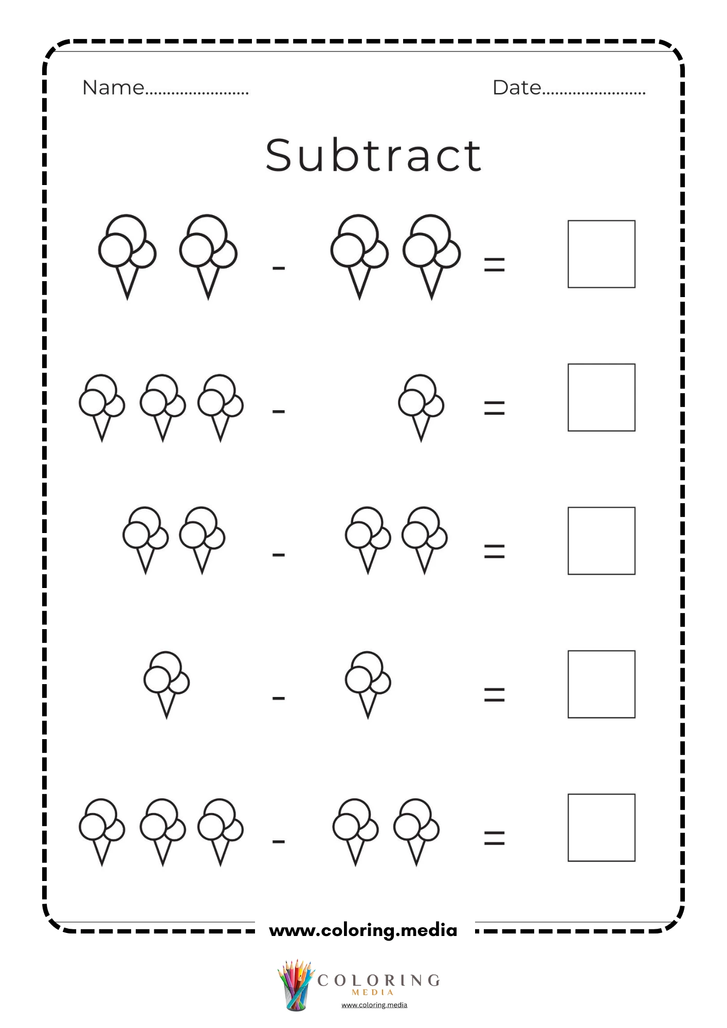 Ice cream subtraction math activity worksheet