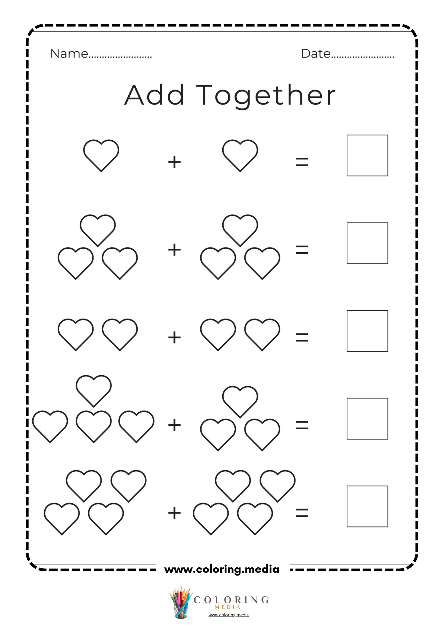 Heart addition math activity worksheet