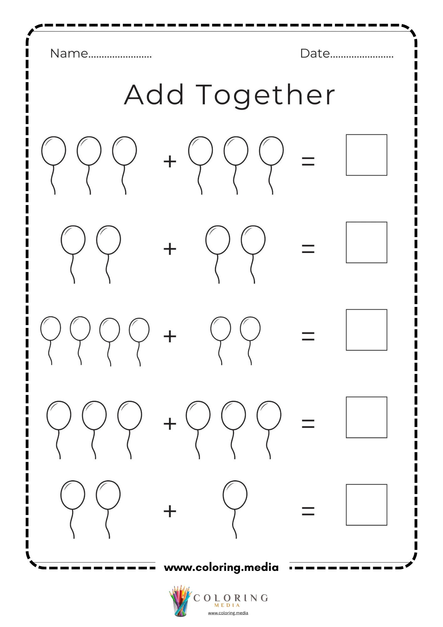 Balloon addition math activity worksheet