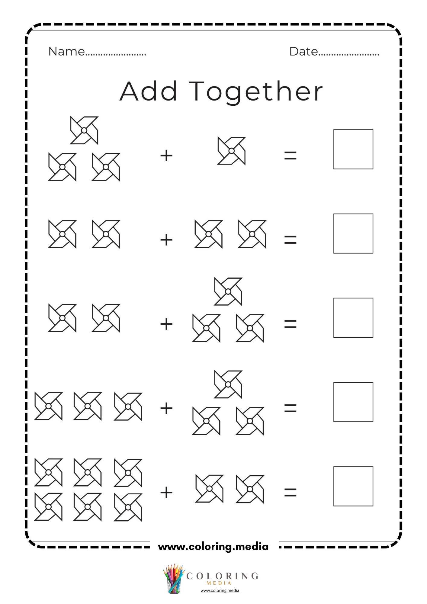 Pinwheel addition math activity worksheet