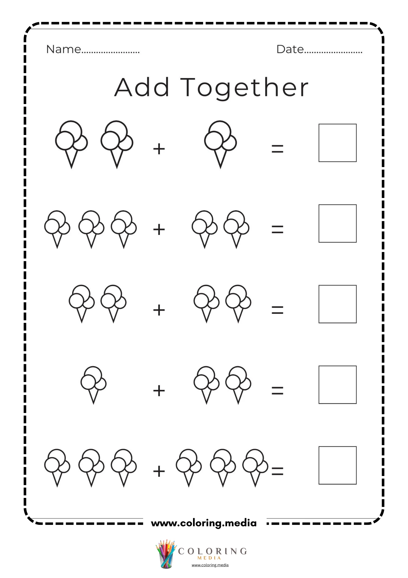Ice cream addition math activity worksheet