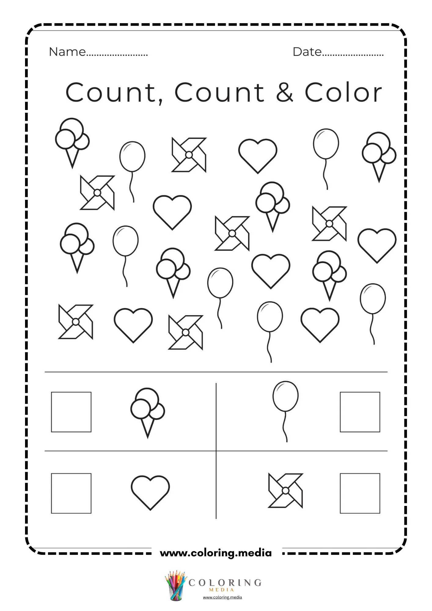 Count count and color mixed objects worksheet