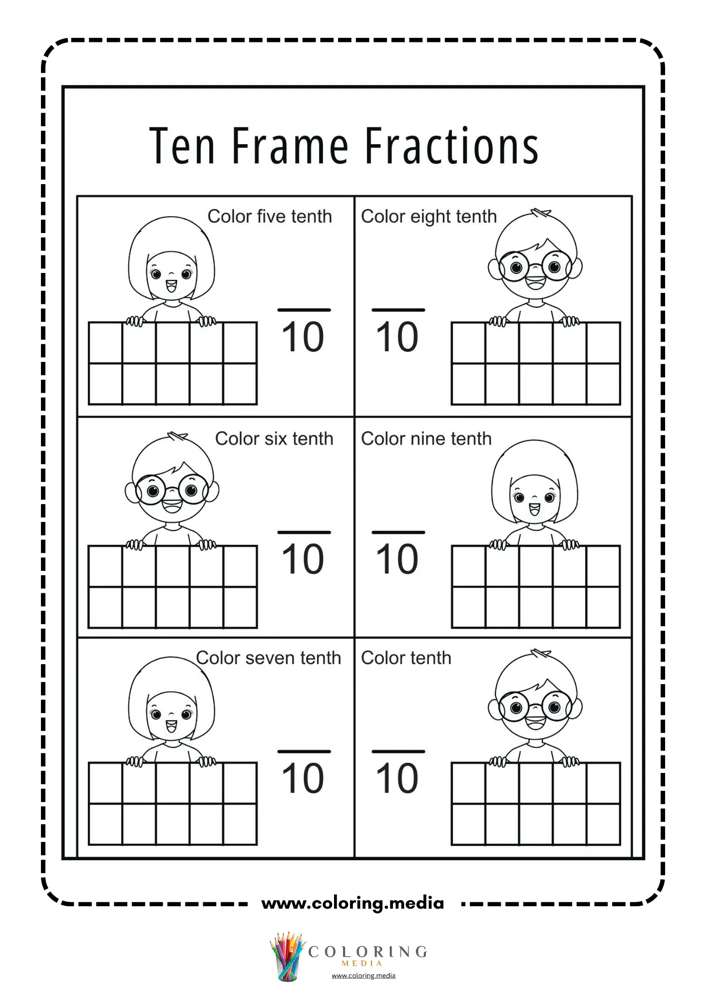 Ten frame fractions worksheet for five tenths, six tenths, seven tenths, eight tenths, nine tenths, and ten tenths