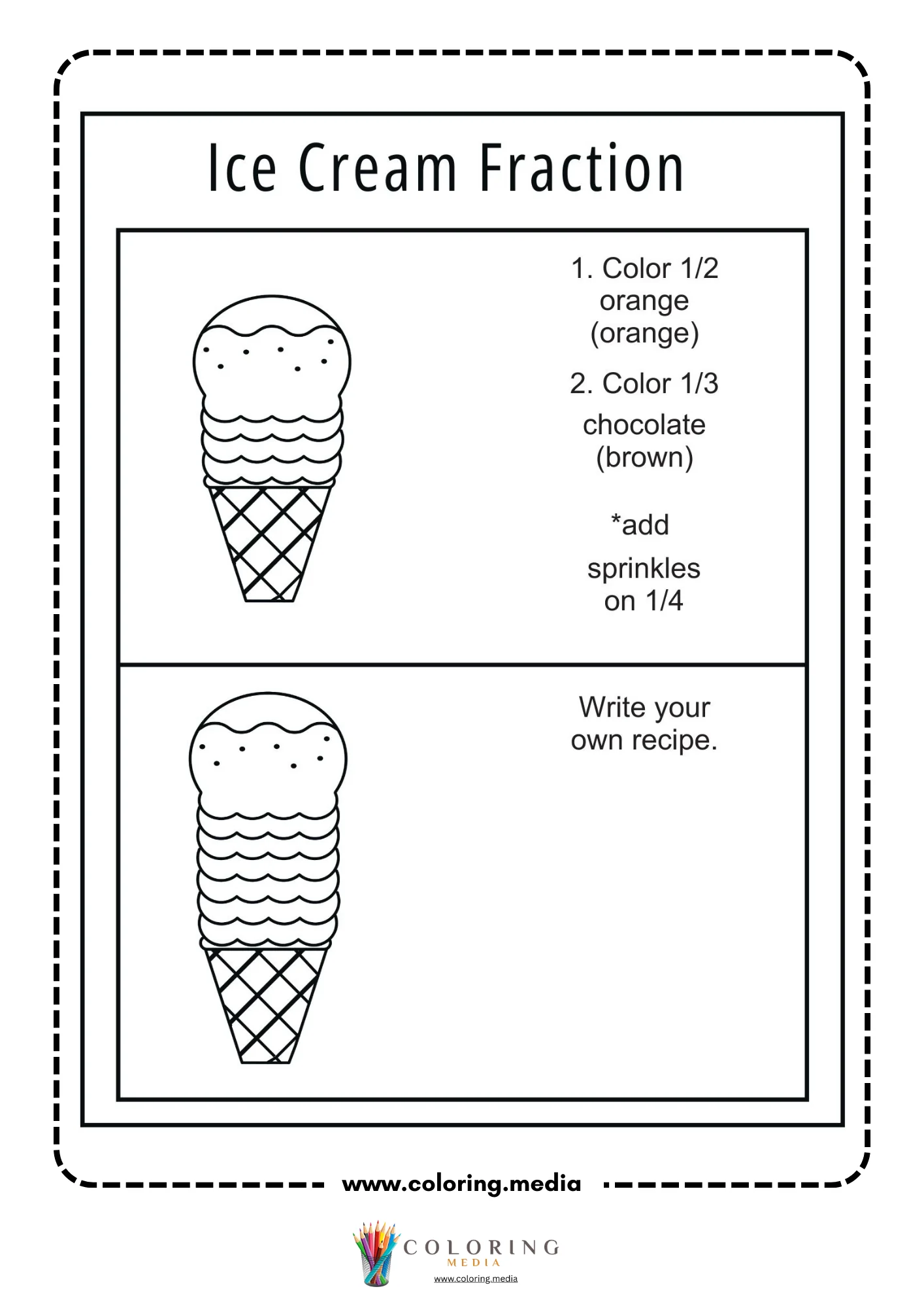 Ice cream fraction worksheet with mint chocolate strawberry and vanilla prompts