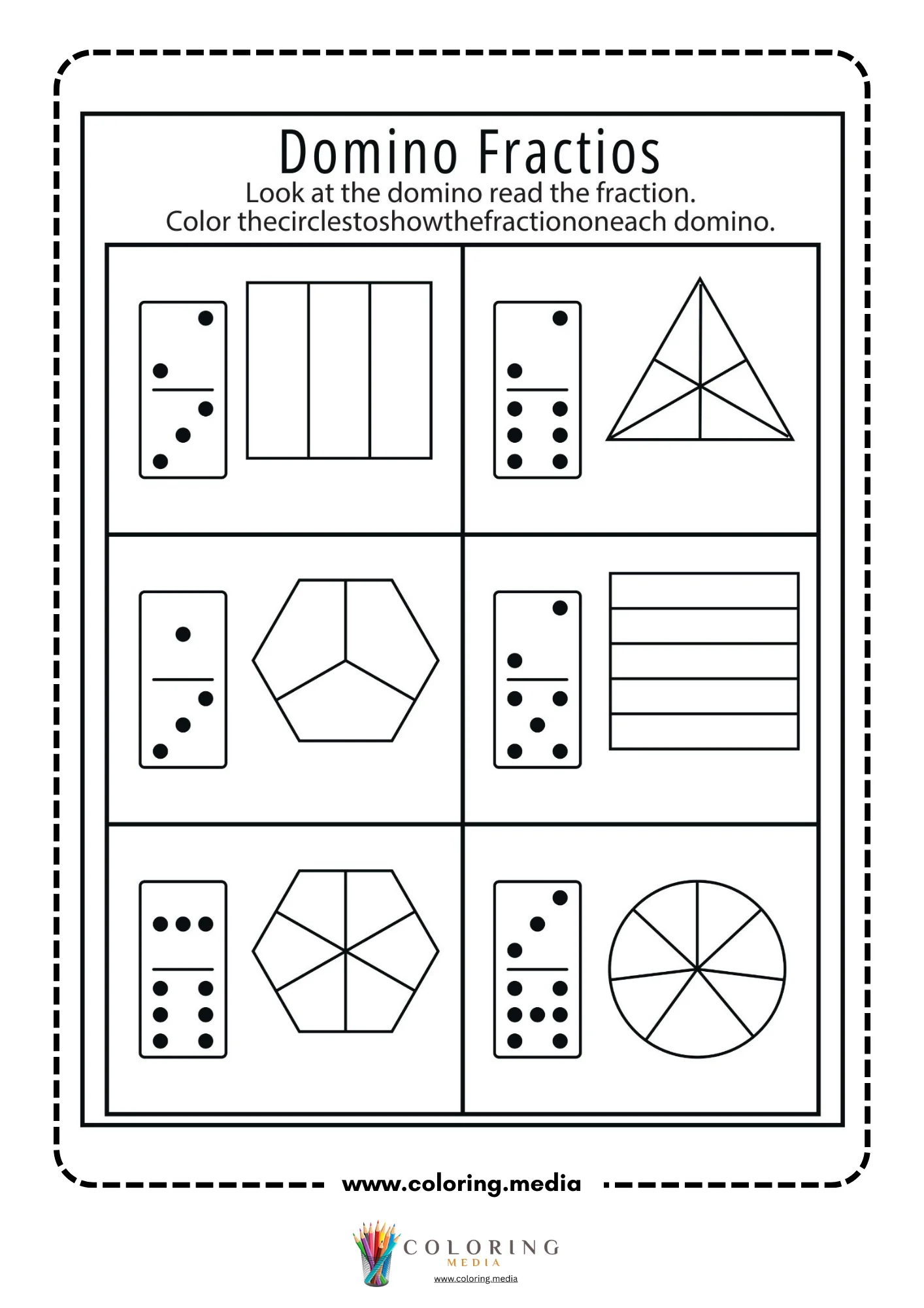 Domino fractions worksheet with circles and dominoes