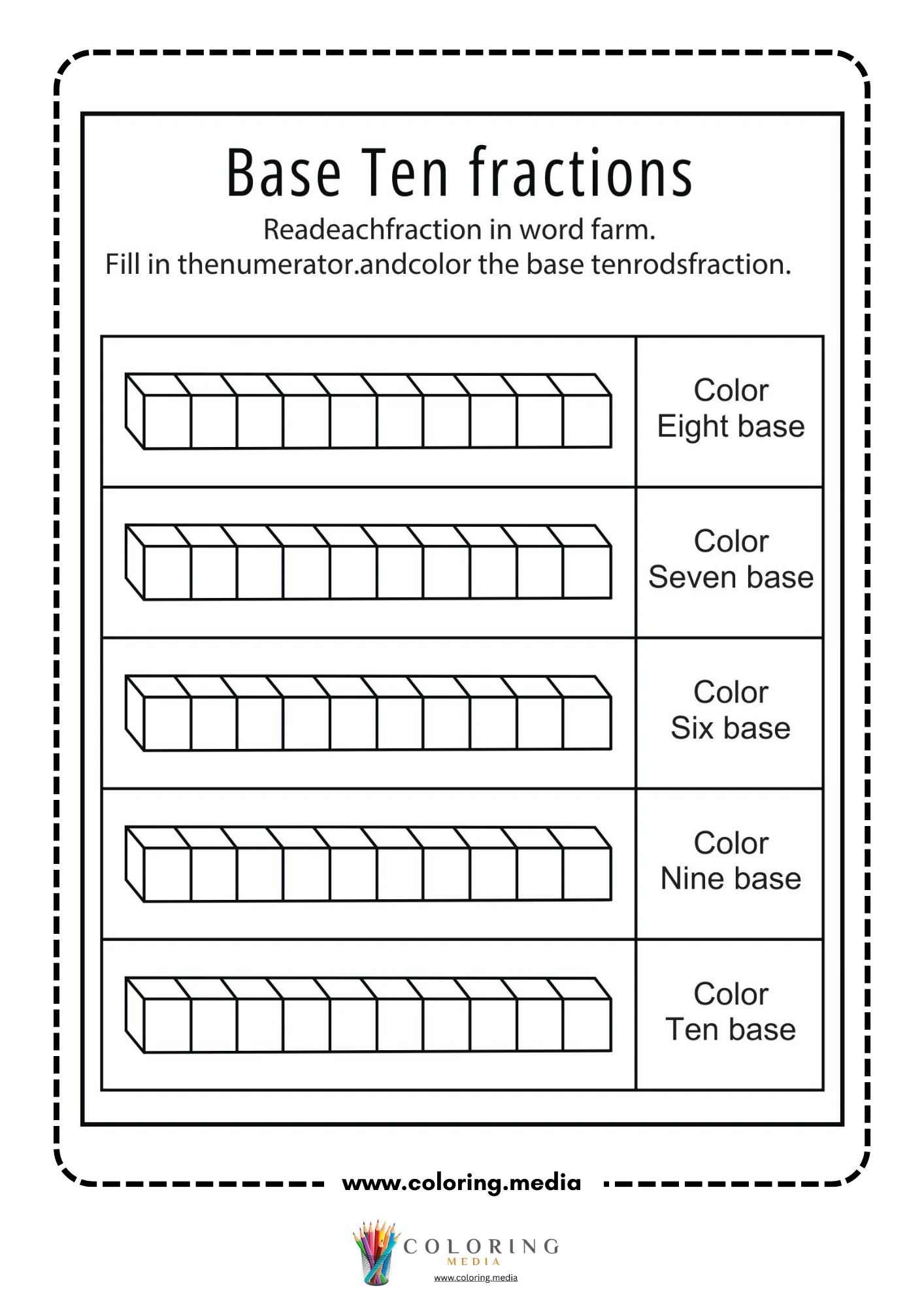 Base ten fractions worksheet for five, three, one, two, and four base-ten rods