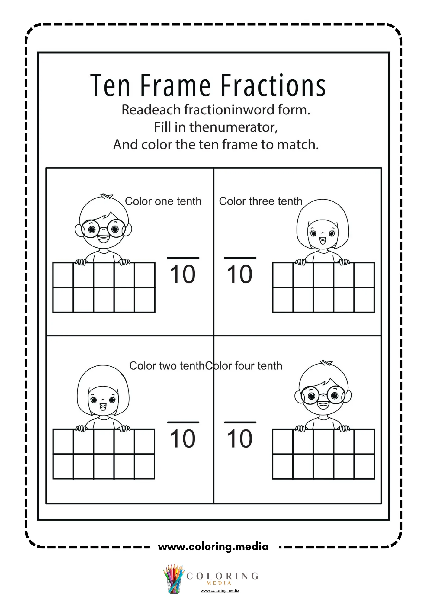 Ten frame fractions worksheet for one tenth, two tenths, three tenths, and four tenths