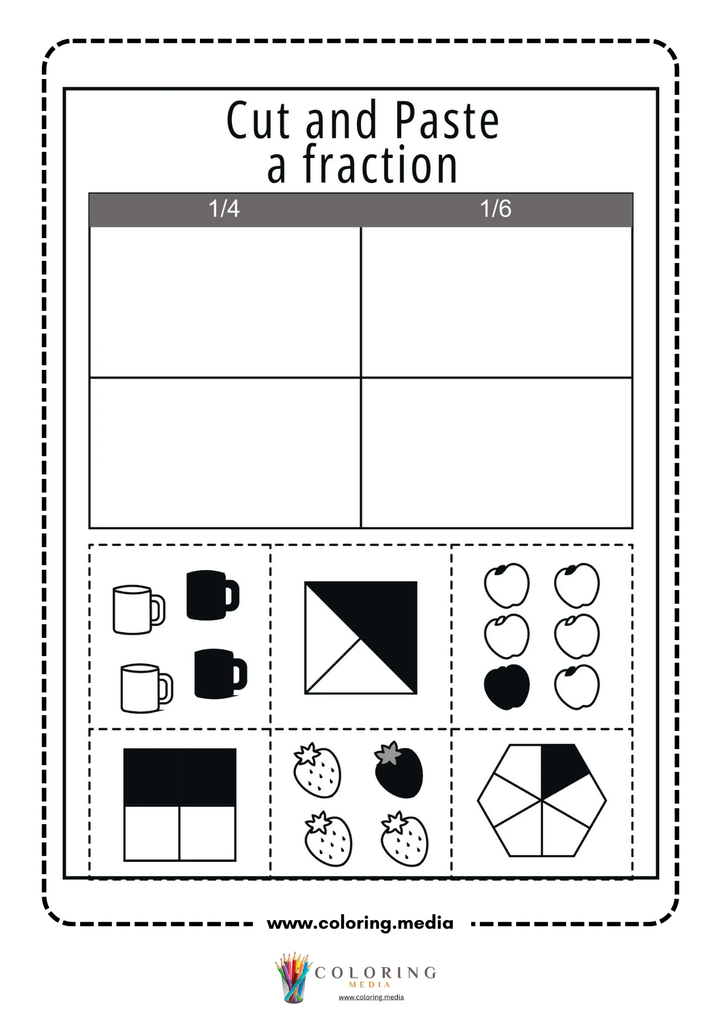 Cut and paste a fraction sorting worksheet with shaded shapes