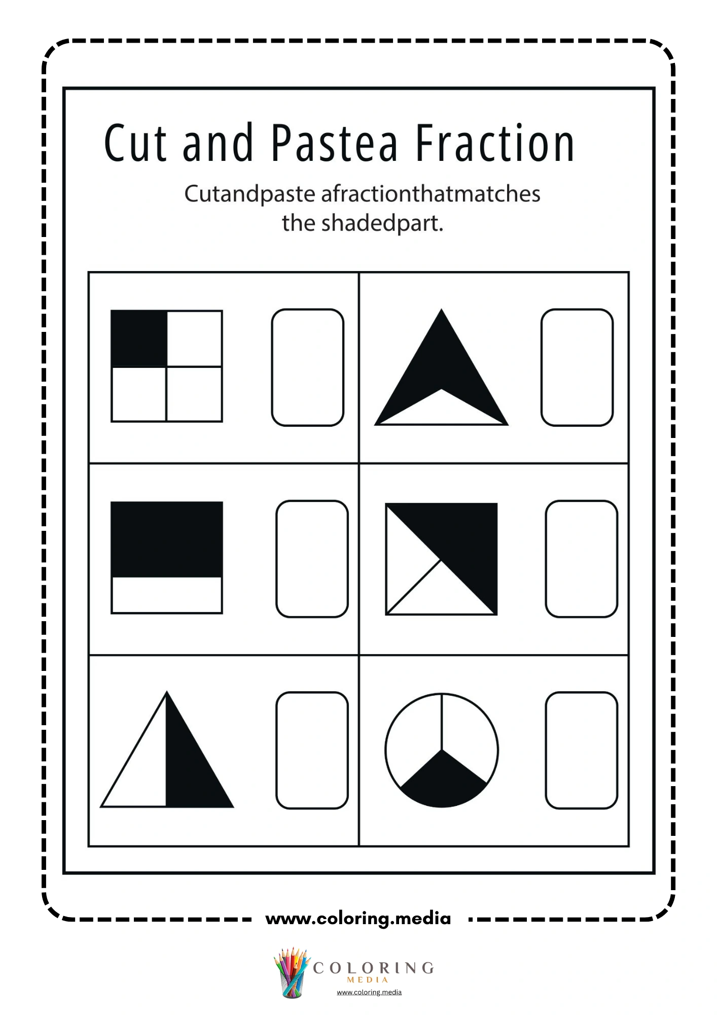 Cut and paste a fraction matching worksheet with shaded shapes
