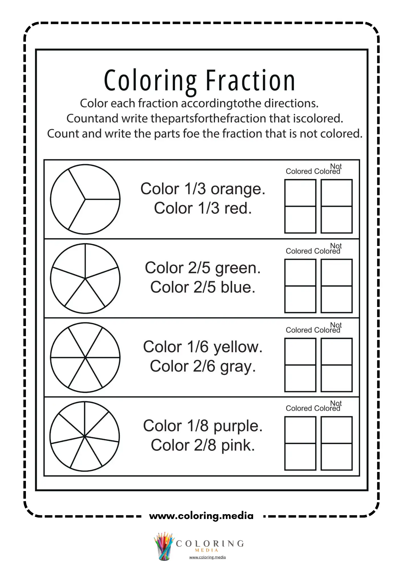 Coloring fraction worksheet with colored and not colored parts