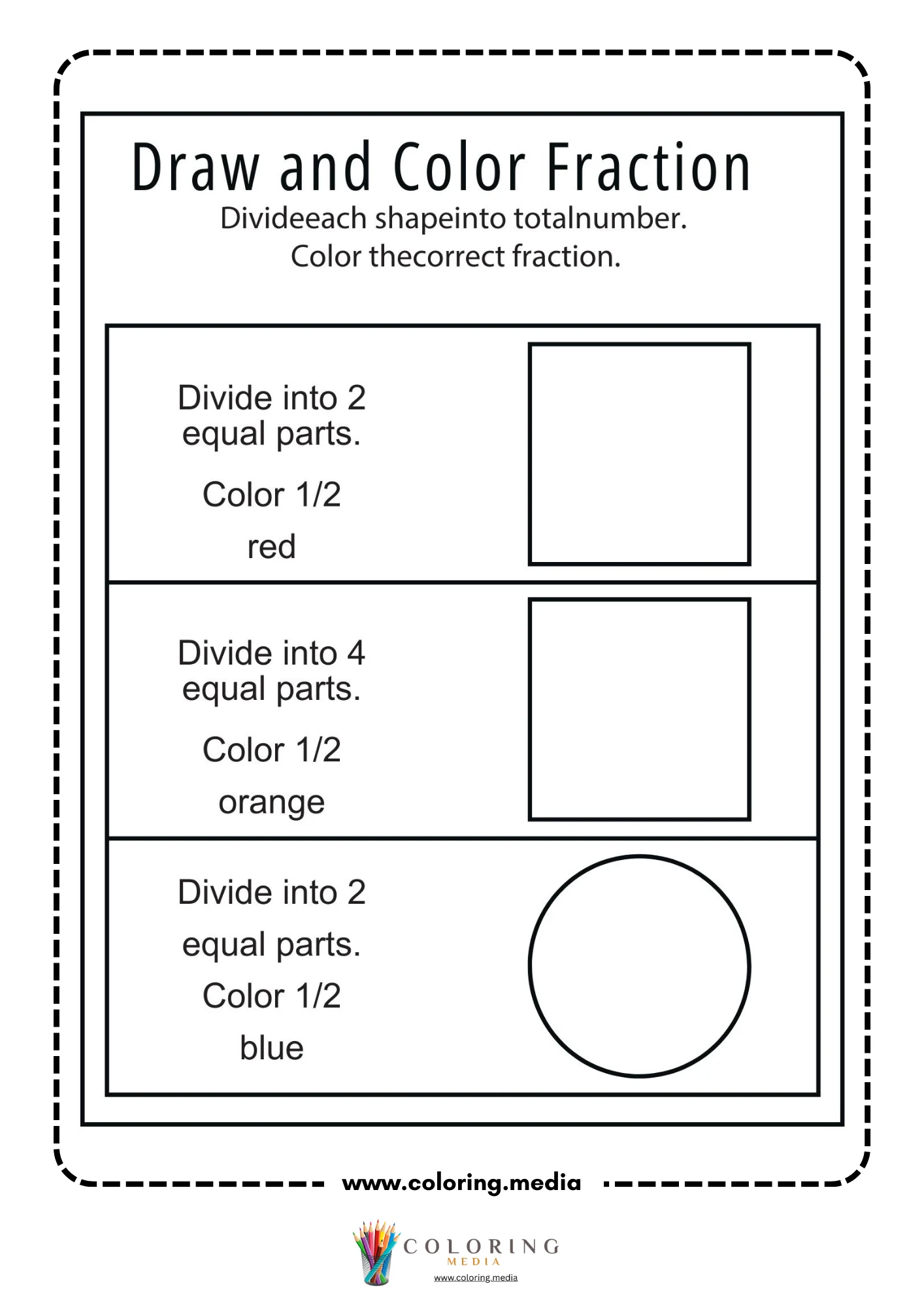 Draw and color fraction worksheet for halves