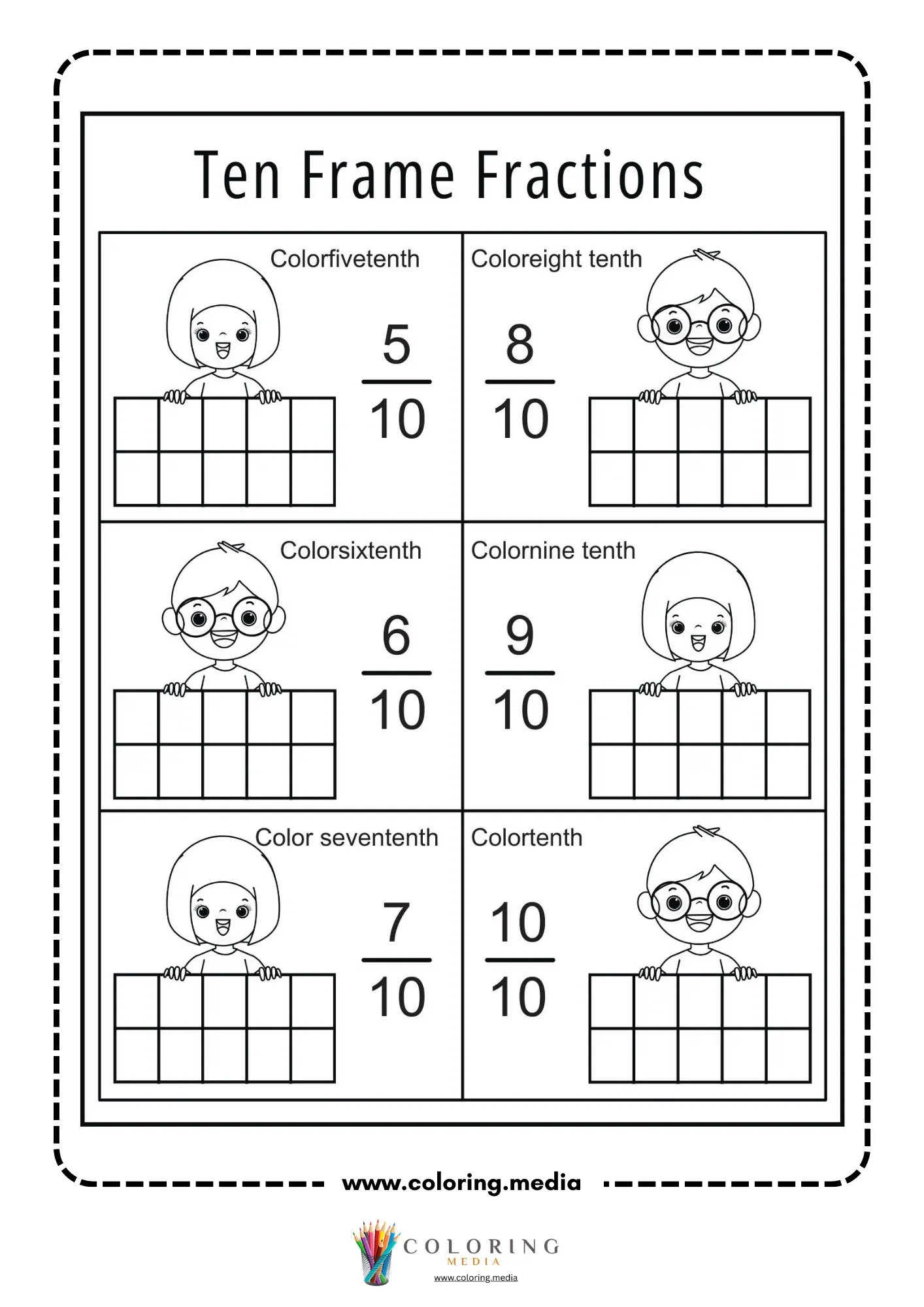 Ten frame fractions worksheet with completed numerators for five tenths through ten tenths