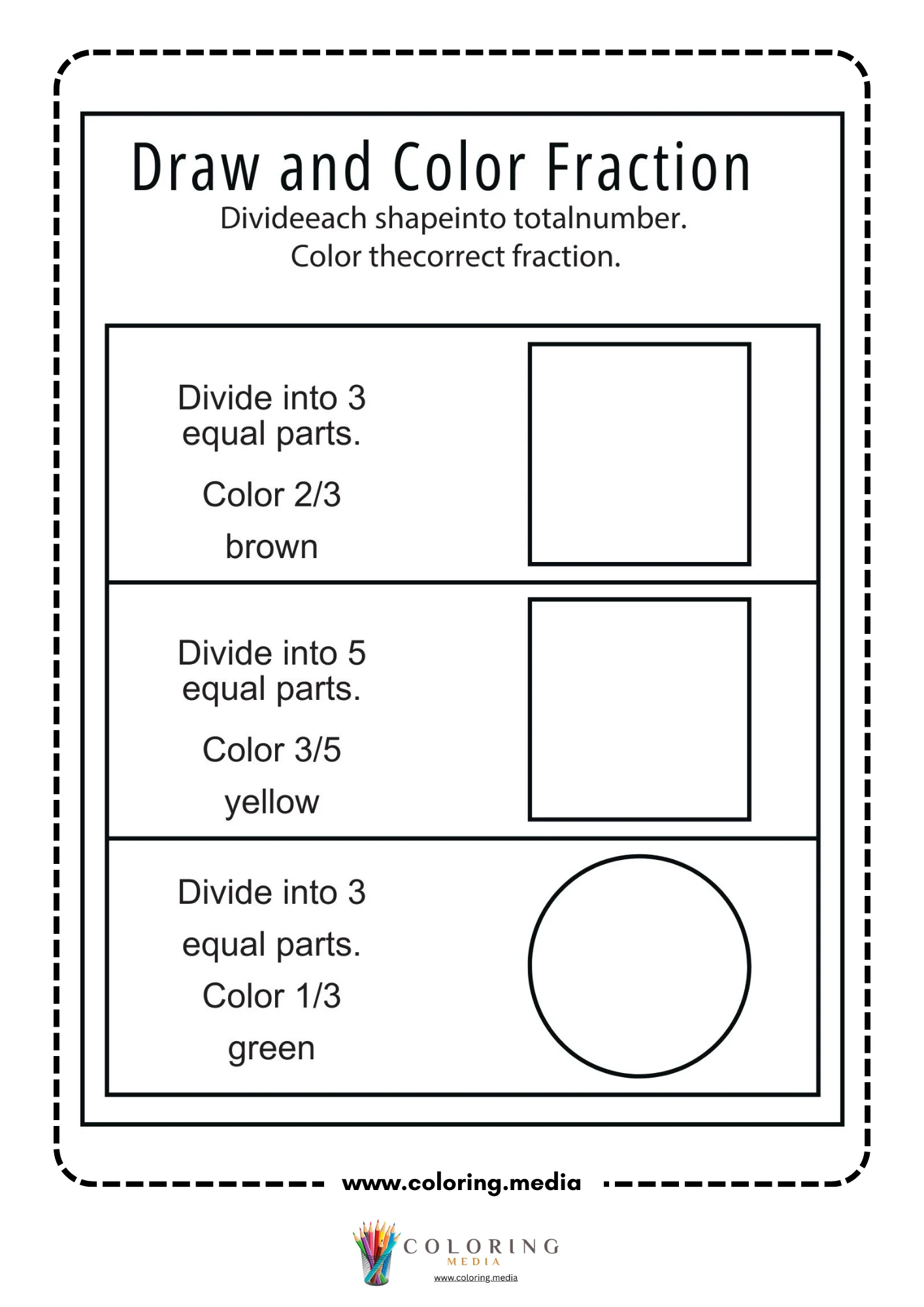 Draw and color fraction worksheet for thirds and fifths