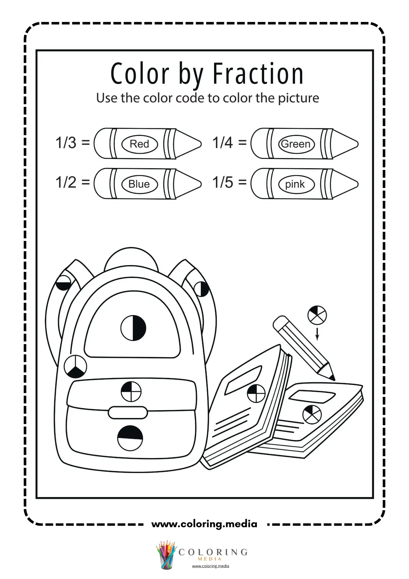 Color by fraction school supplies worksheet