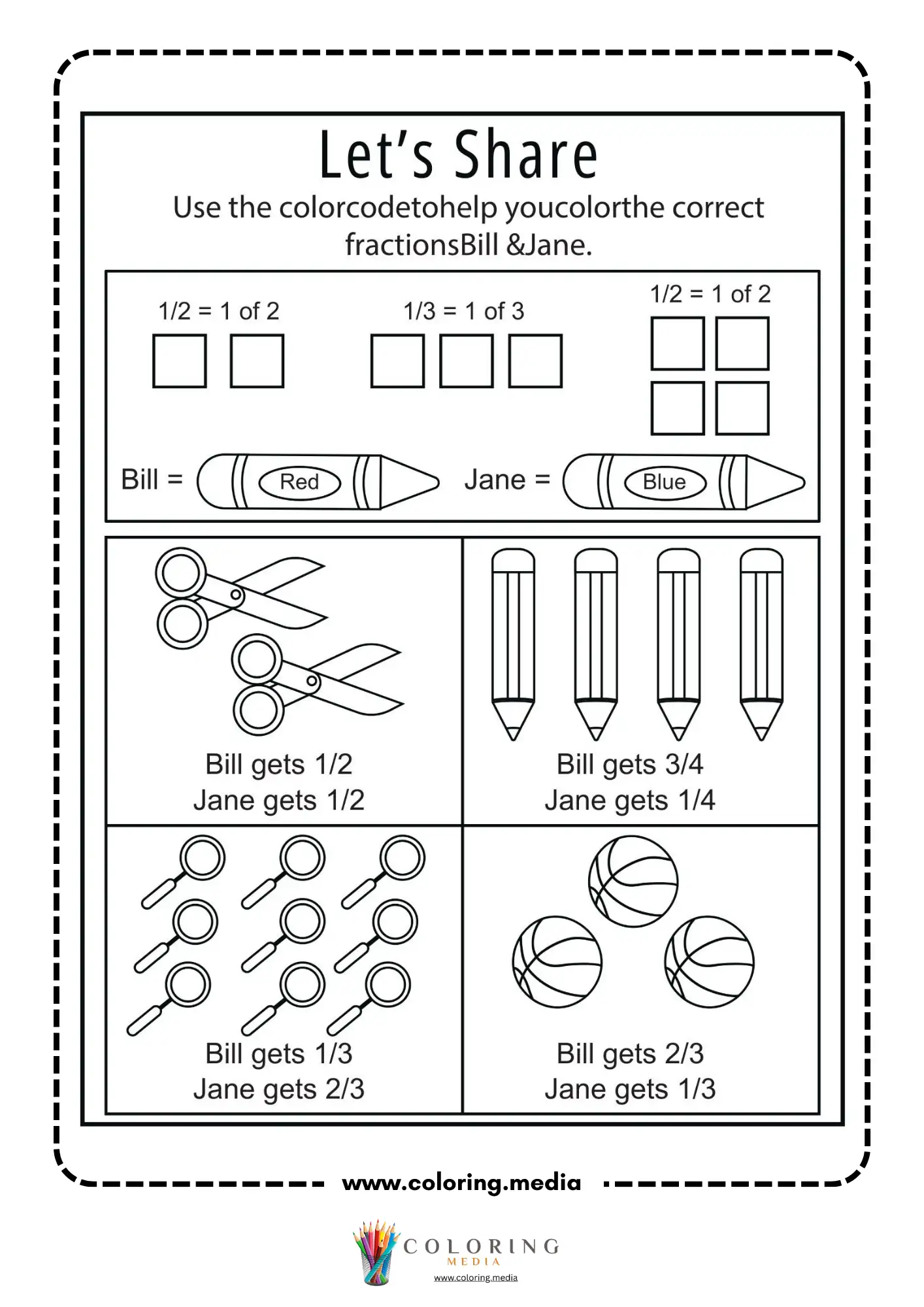 Let's share fractions worksheet with Bill and Jane