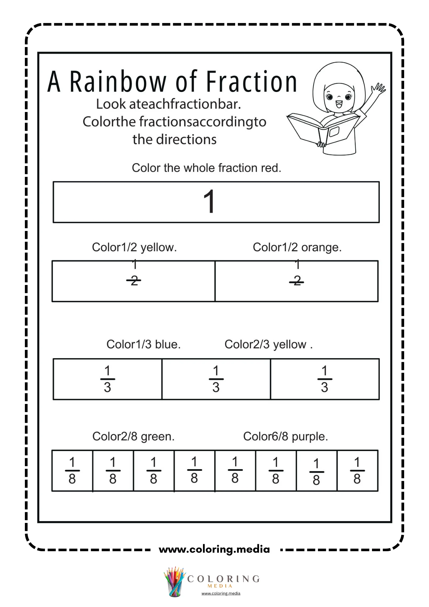 Rainbow fraction bar coloring worksheet with halves, thirds, and eighths