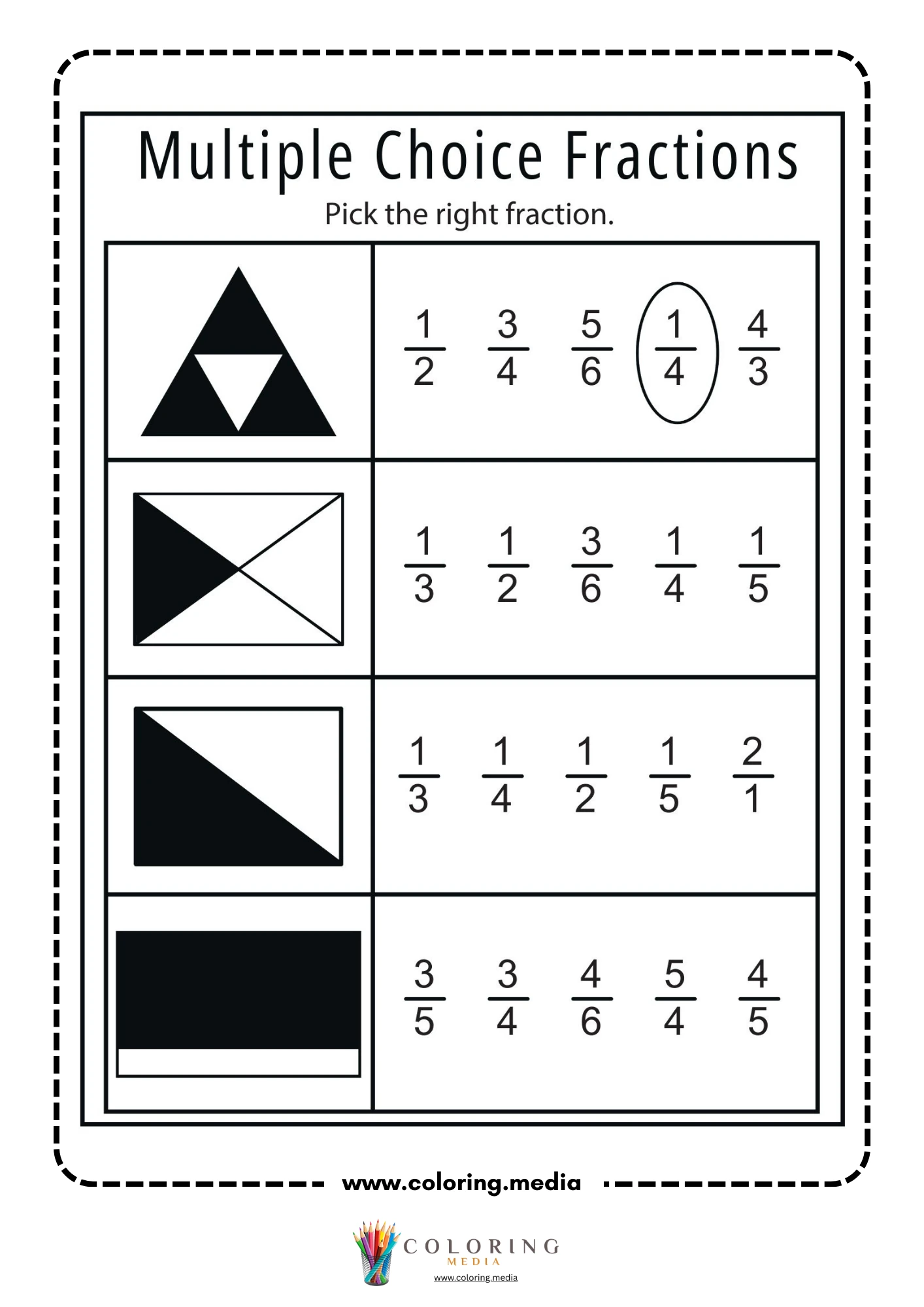 Multiple choice fractions worksheet with shaded geometric shapes