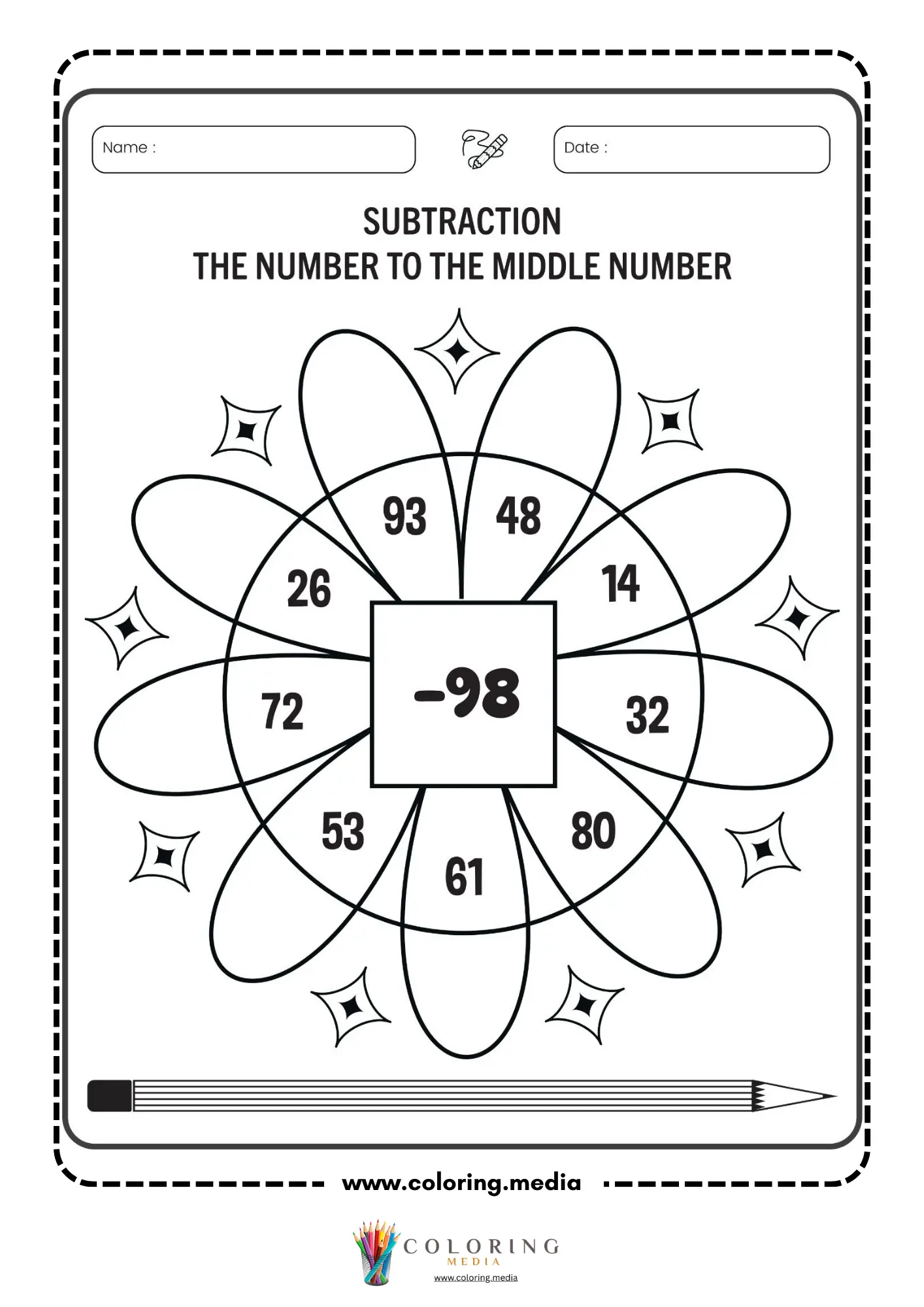 Subtraction flower worksheet with middle number 98