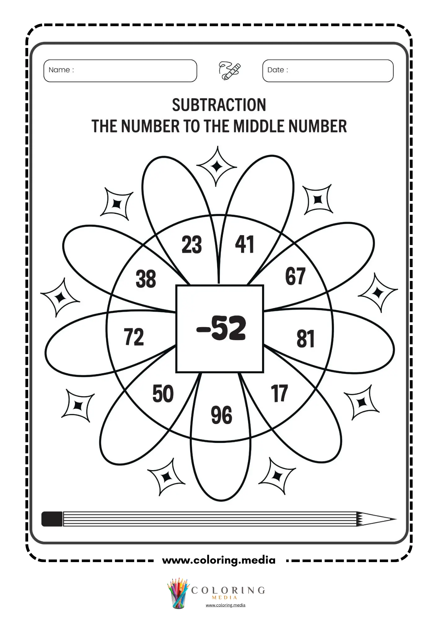 Subtraction flower worksheet with middle number 52
