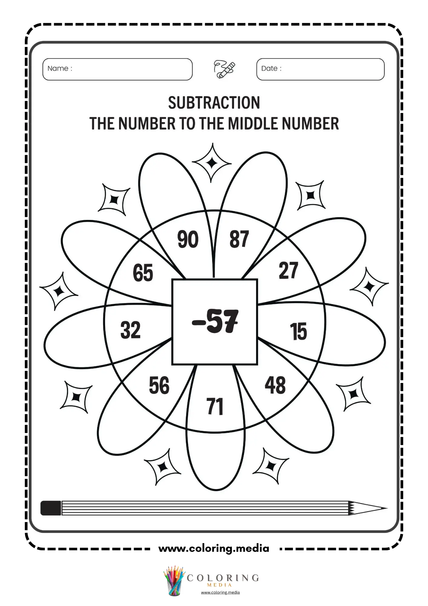 Subtraction flower worksheet with middle number 57