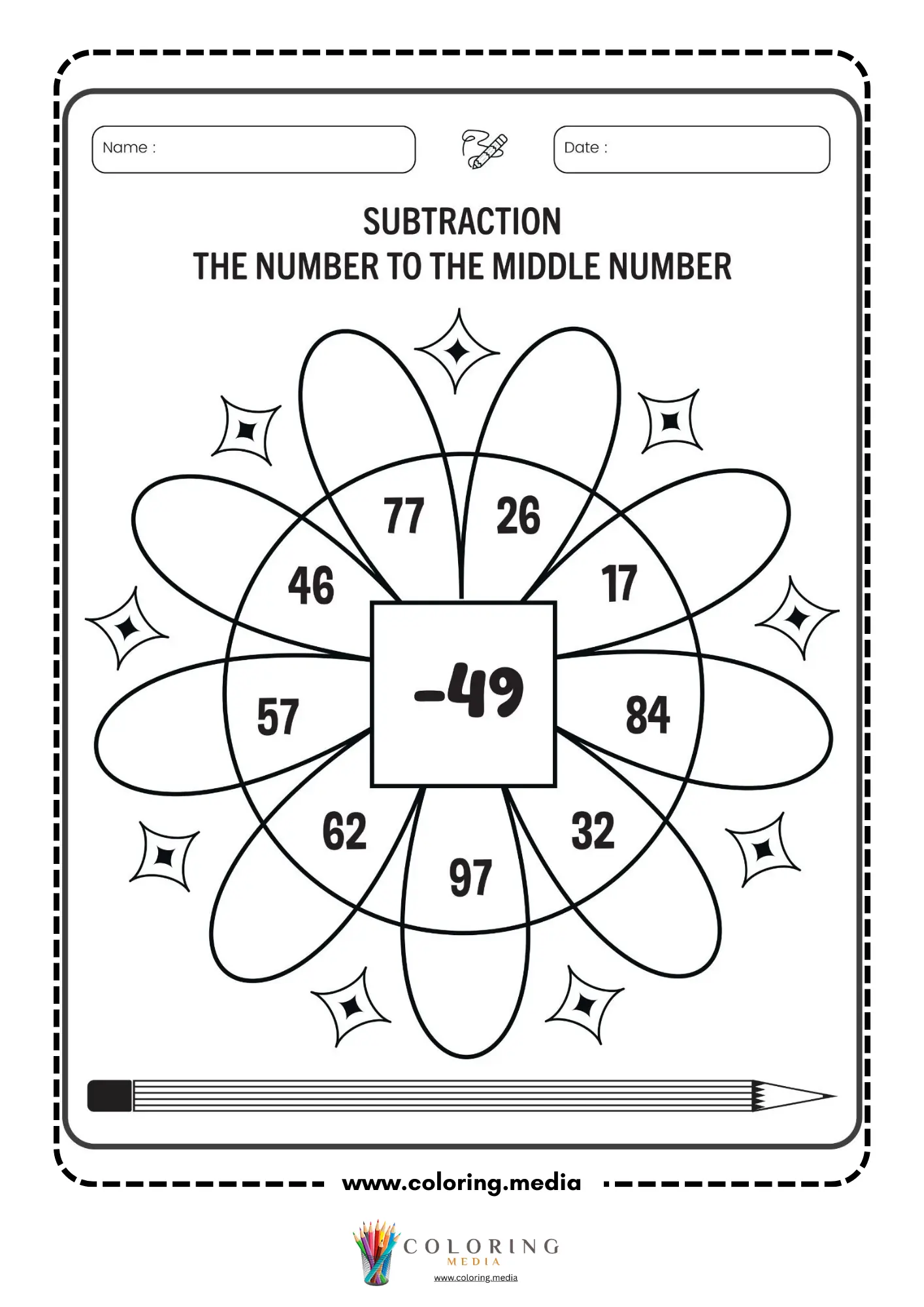 Subtraction flower worksheet with middle number 49