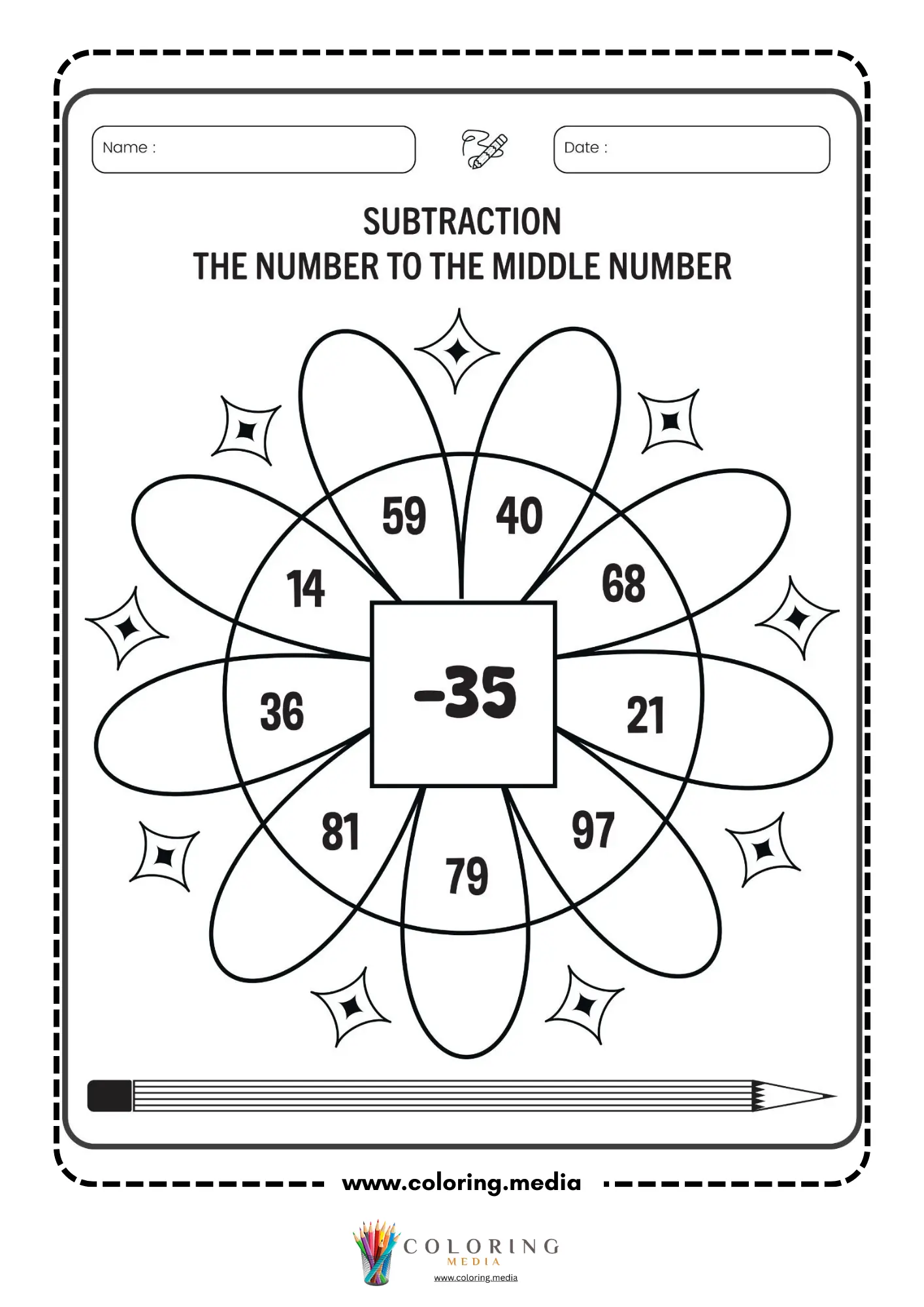 Subtraction flower worksheet with middle number 35