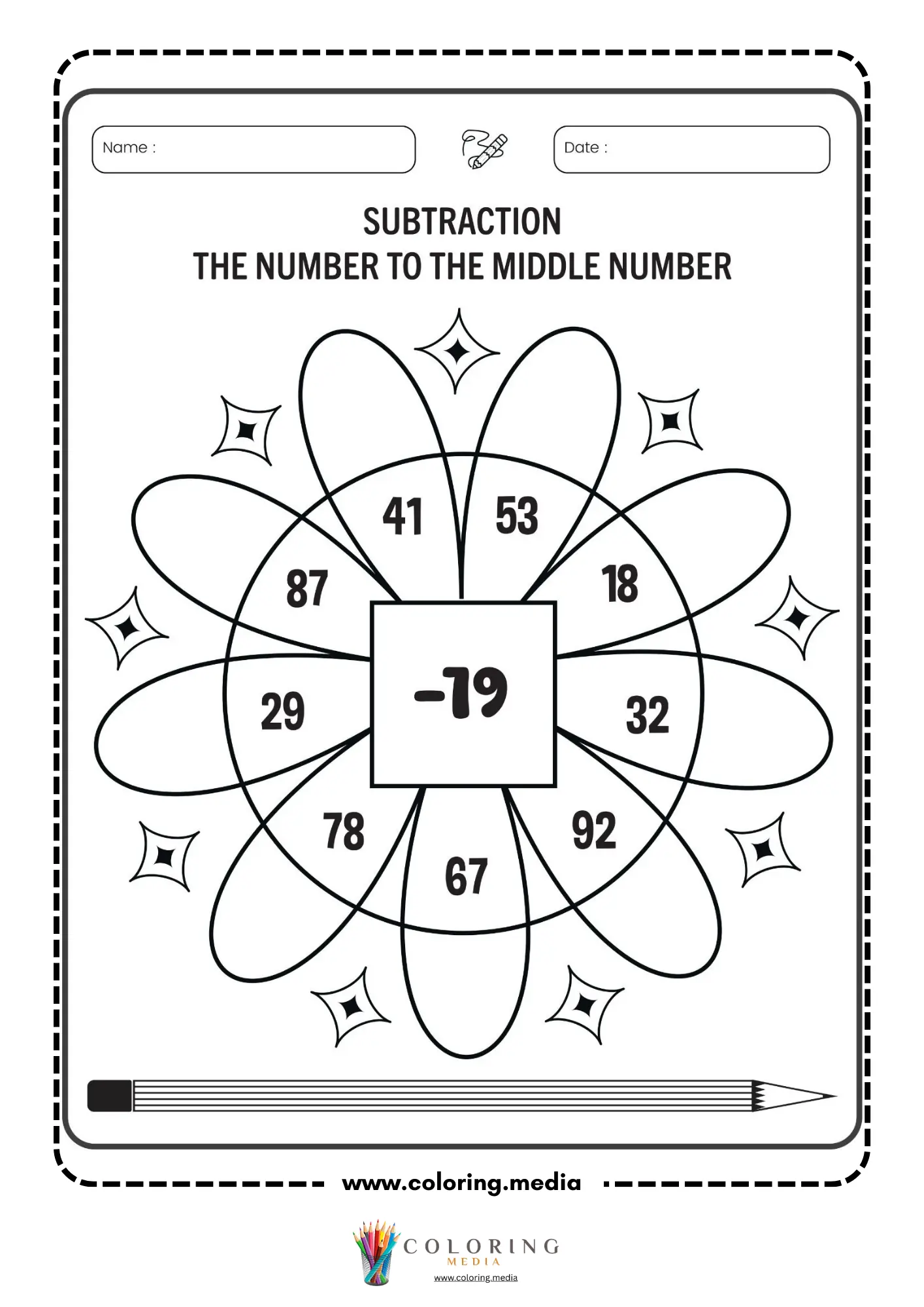 Subtraction flower worksheet with middle number 79 page 2
