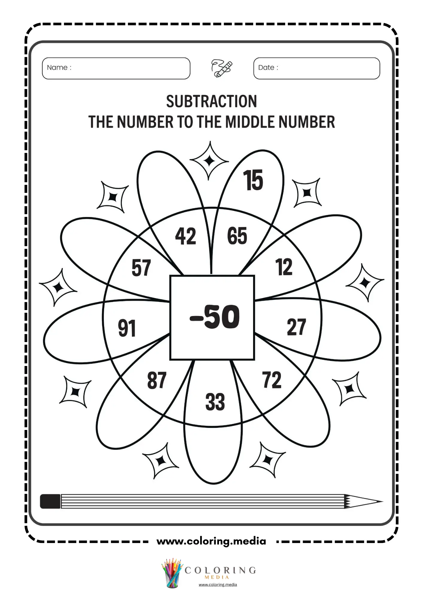 Subtraction flower worksheet with middle number 50