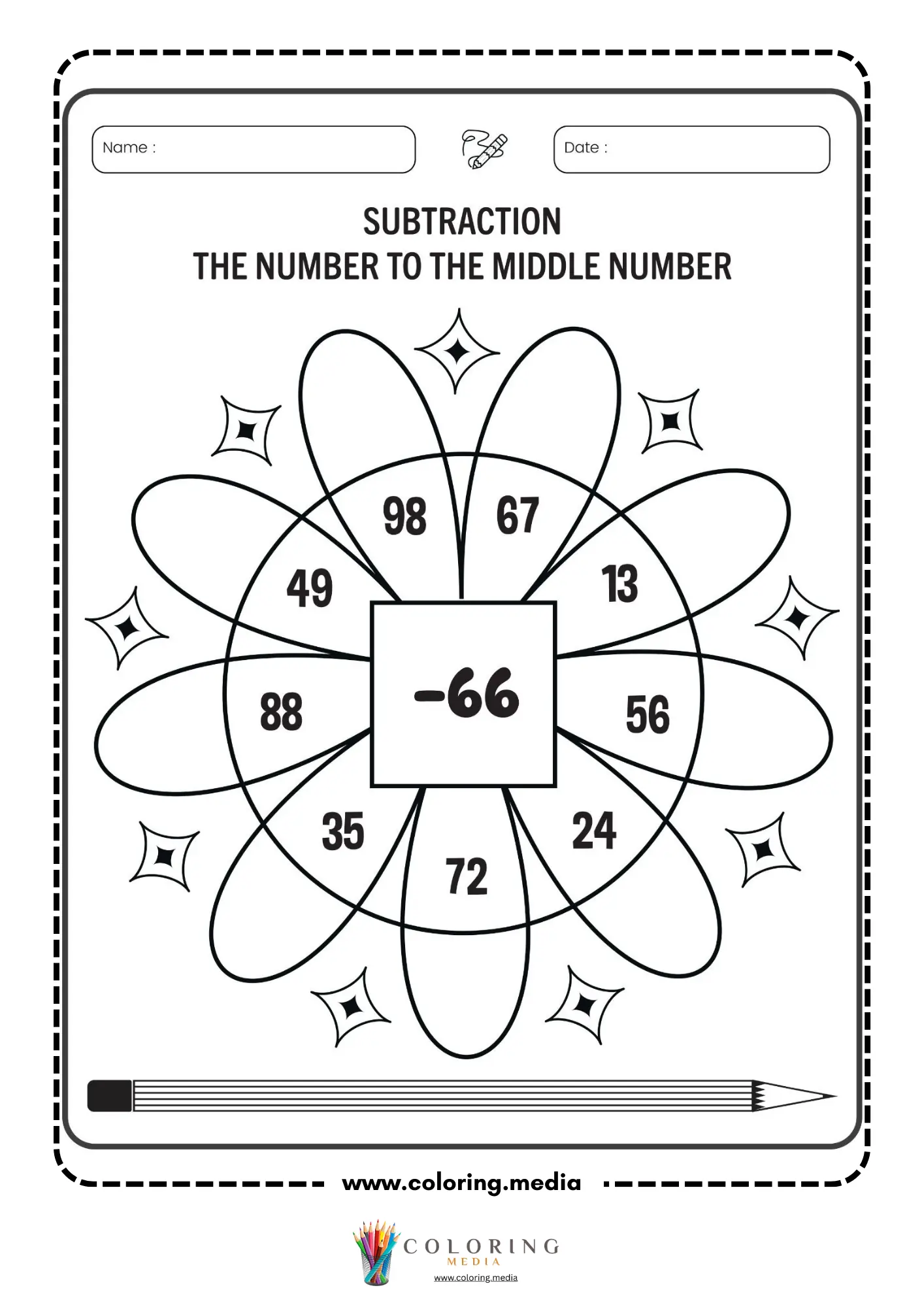 Subtraction flower worksheet with middle number 66 page 2