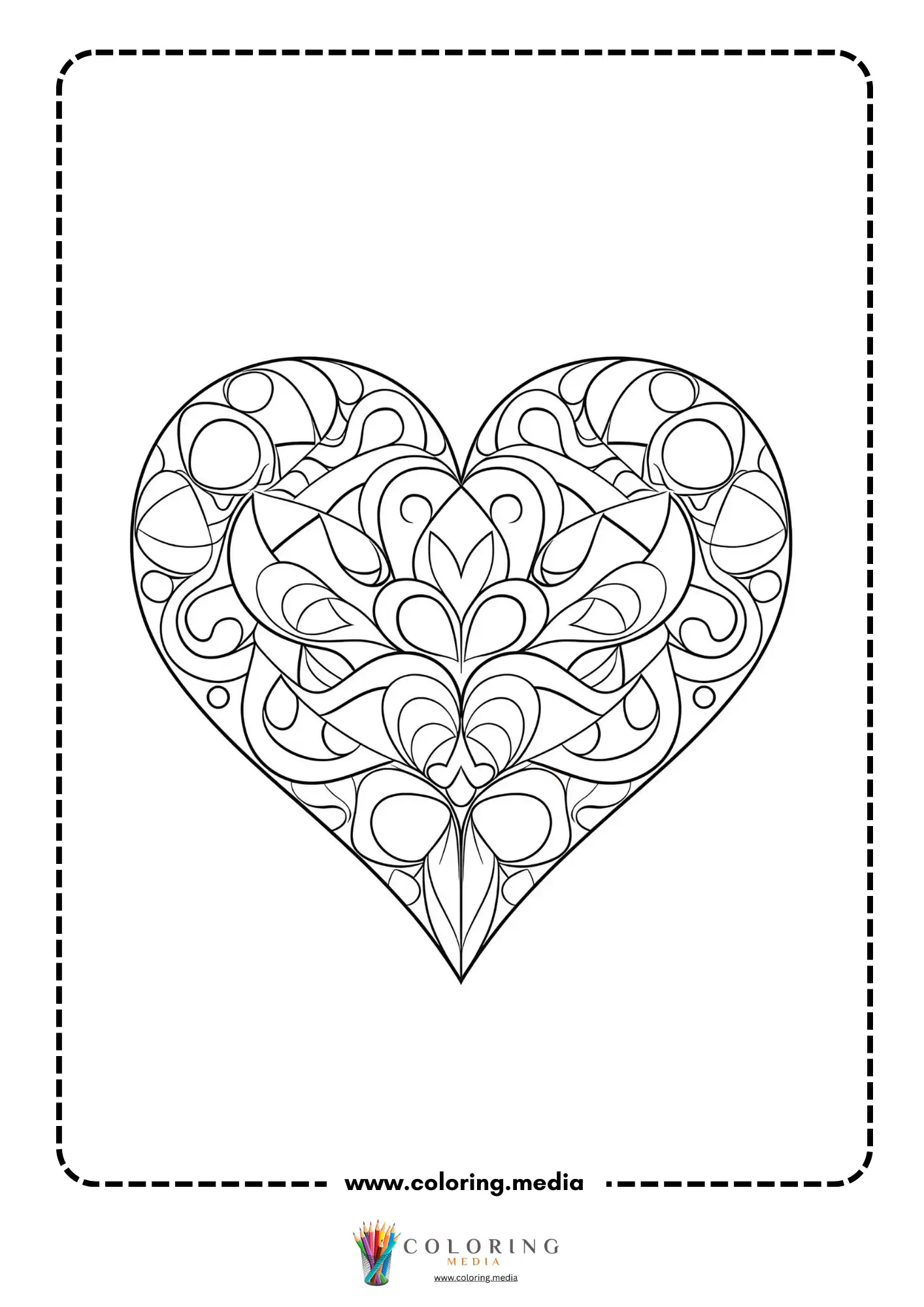 Easy heart pattern coloring page with floral swirls